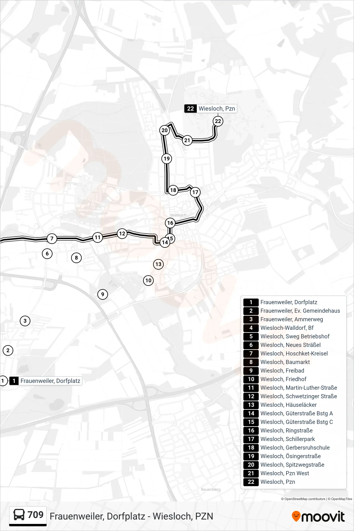 709 bus Line (Wiesloch, Pzn) route and stops on a map