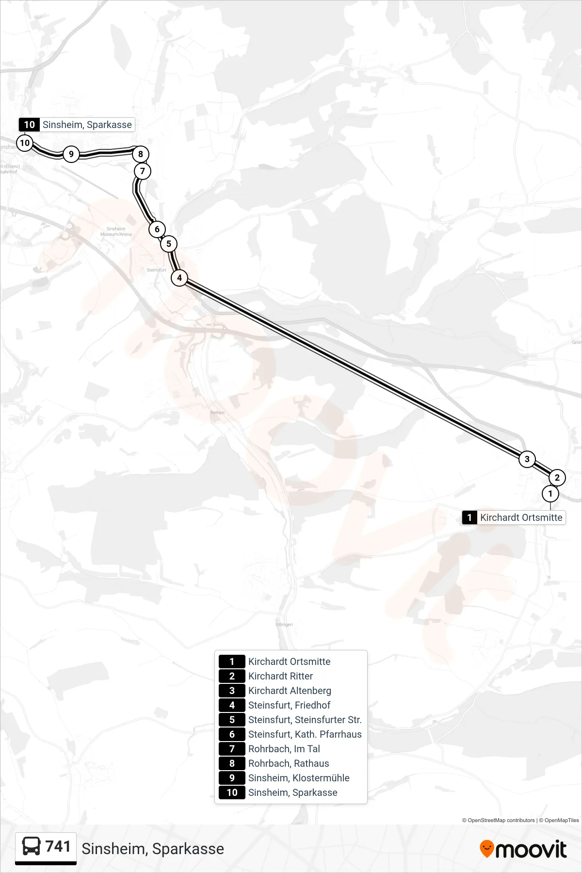 Linie 741 (Bus) Richtung Sinsheim, Sparkasse: Route und Haltestellen auf der Karte