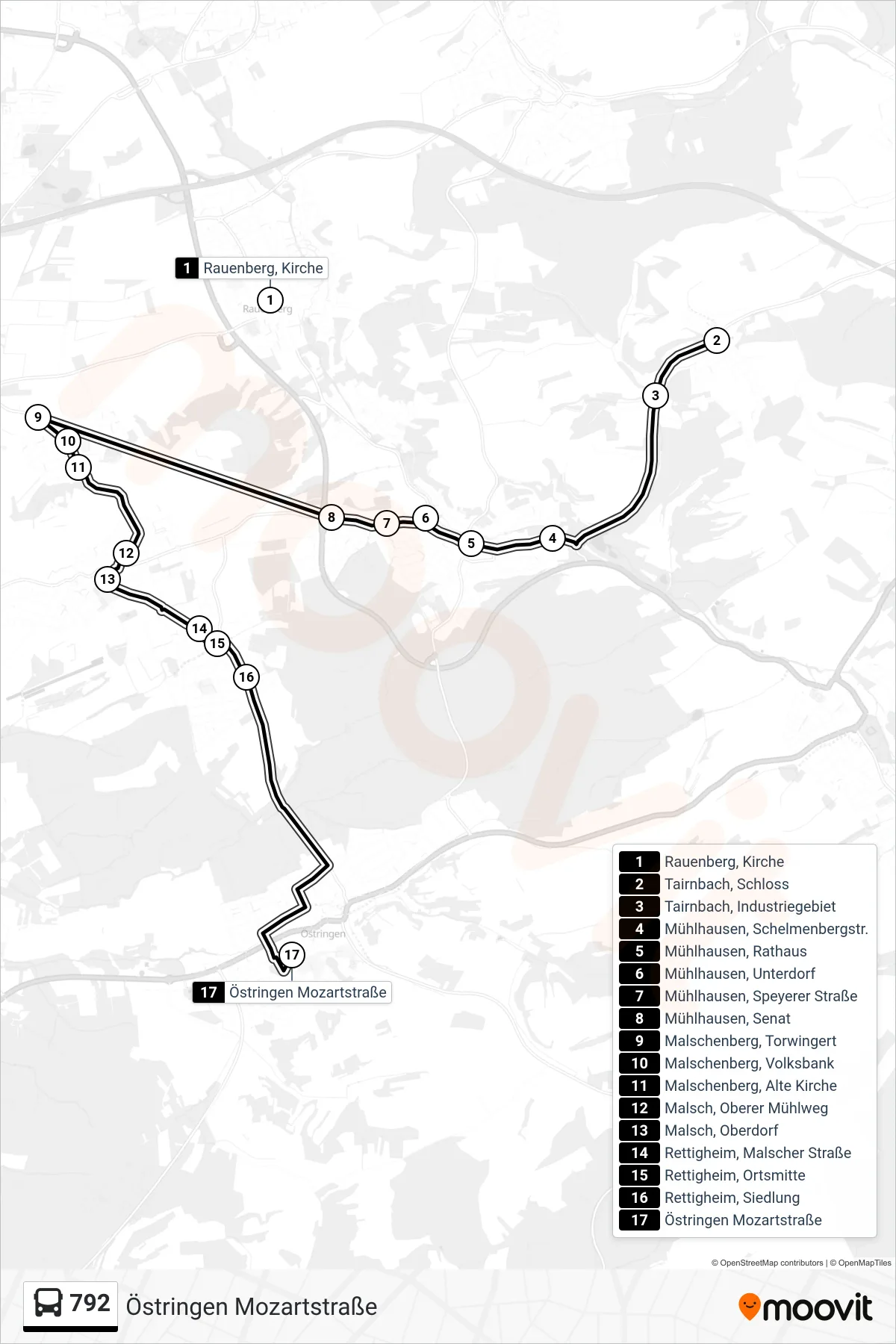 792 bus Line (Östringen Mozartstraße) route and stops on a map
