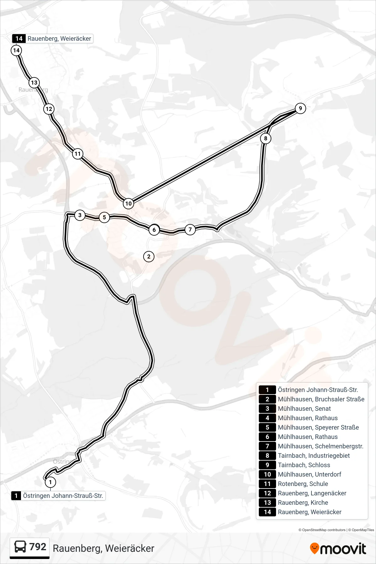 792 bus Line (Rauenberg, Weieräcker) route and stops on a map