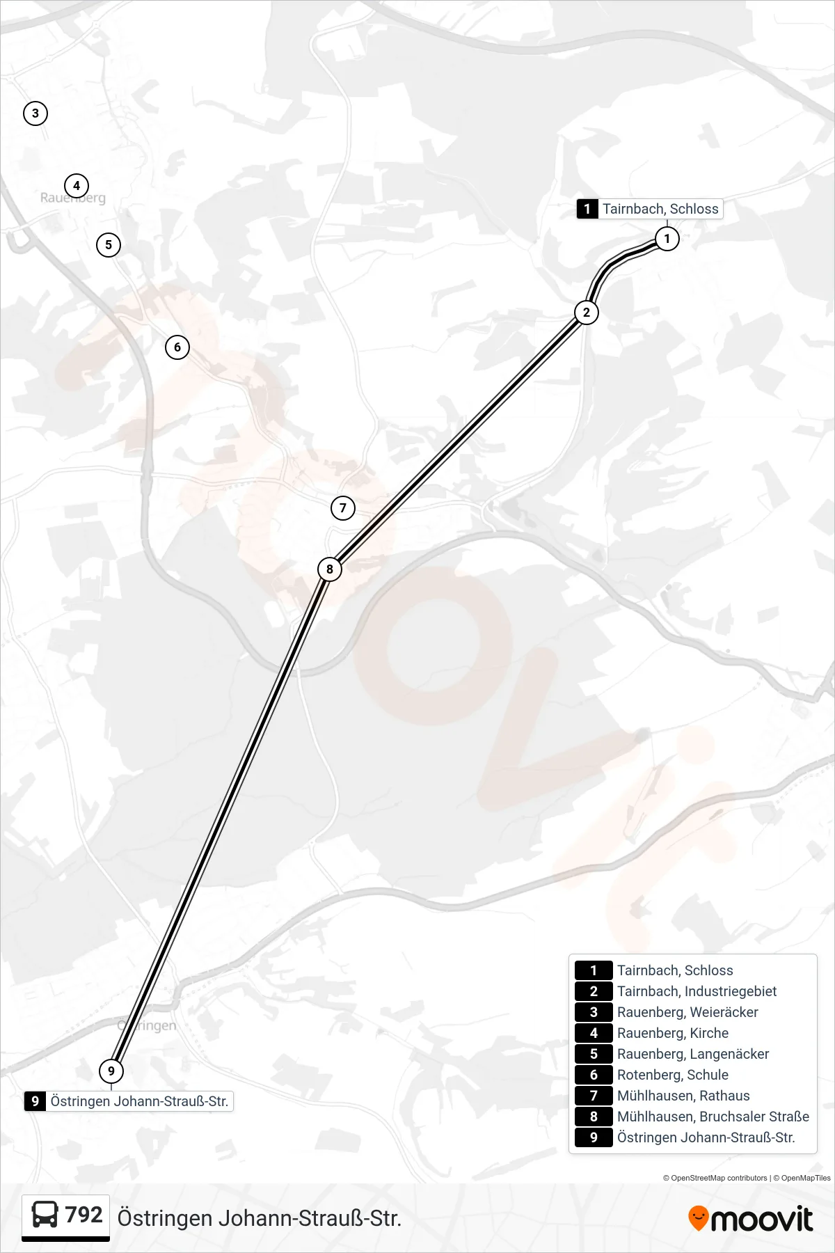 792 bus Line (Östringen Johann-Strauß-Str.) route and stops on a map
