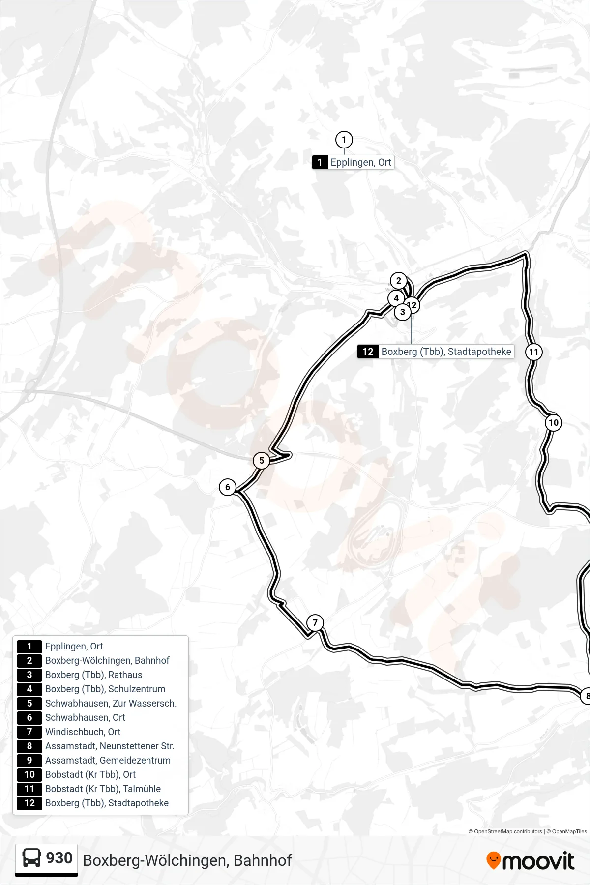 930 bus Line (Boxberg-Wölchingen, Bahnhof) route and stops on a map