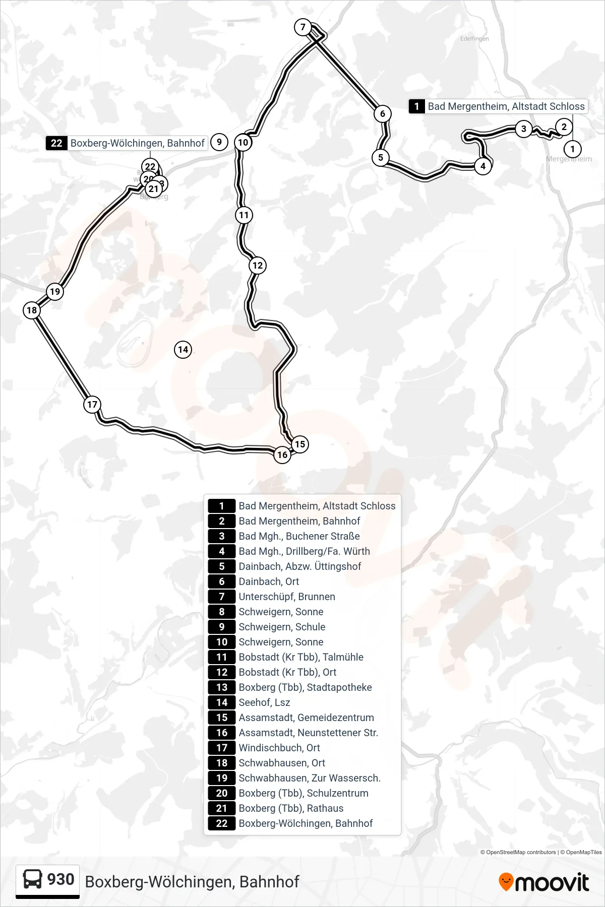 930 bus Line (Boxberg-Wölchingen, Bahnhof) route and stops on a map