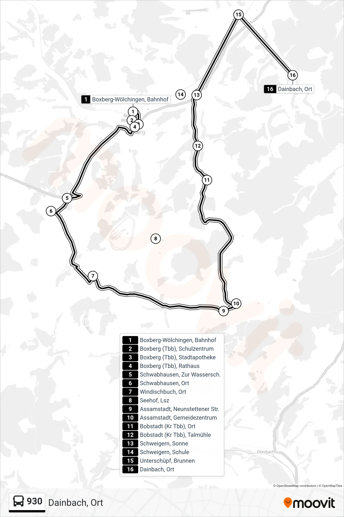 930 bus Line (Dainbach, Ort) route and stops on a map