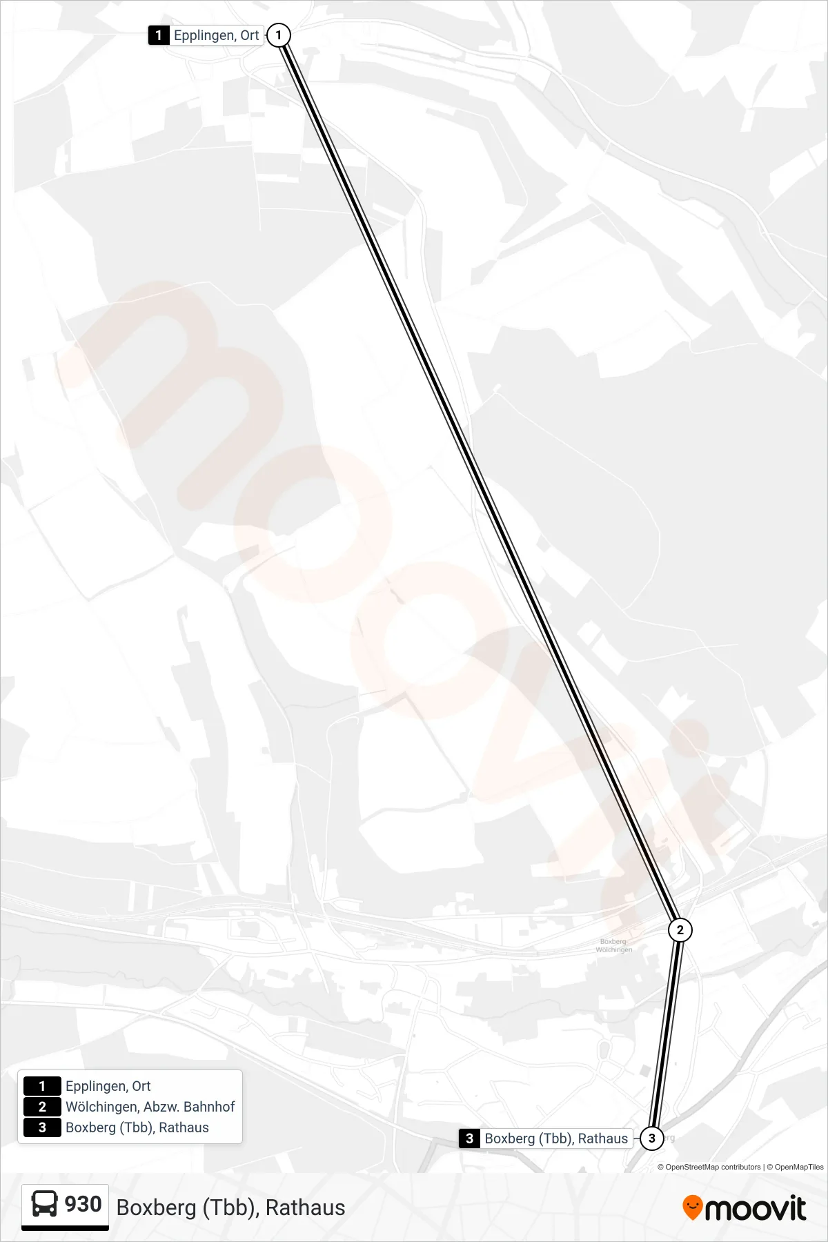 930 bus Line (Boxberg (Tbb), Rathaus) route and stops on a map