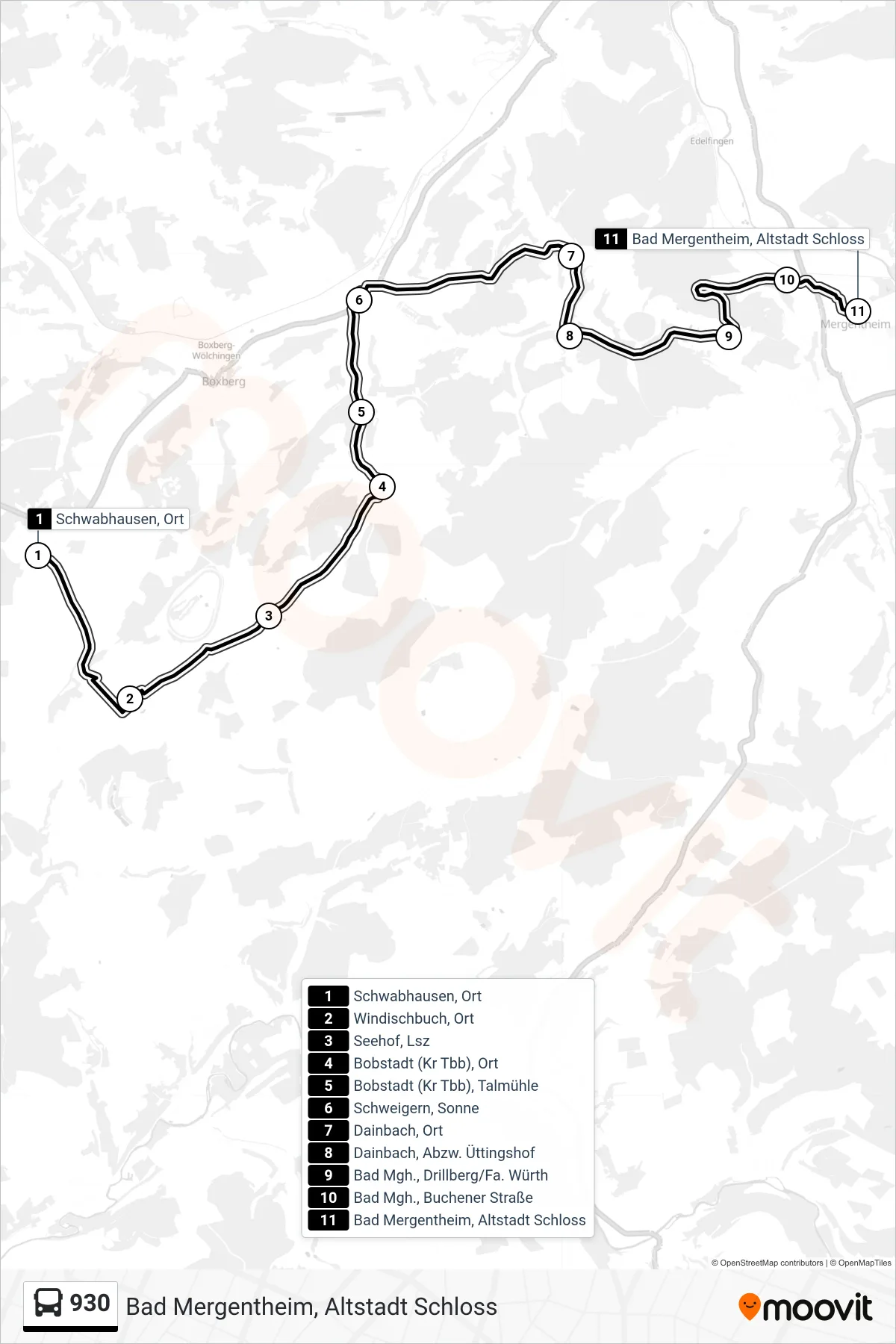 930 bus Line (Bad Mergentheim, Altstadt Schloss) route and stops on a map