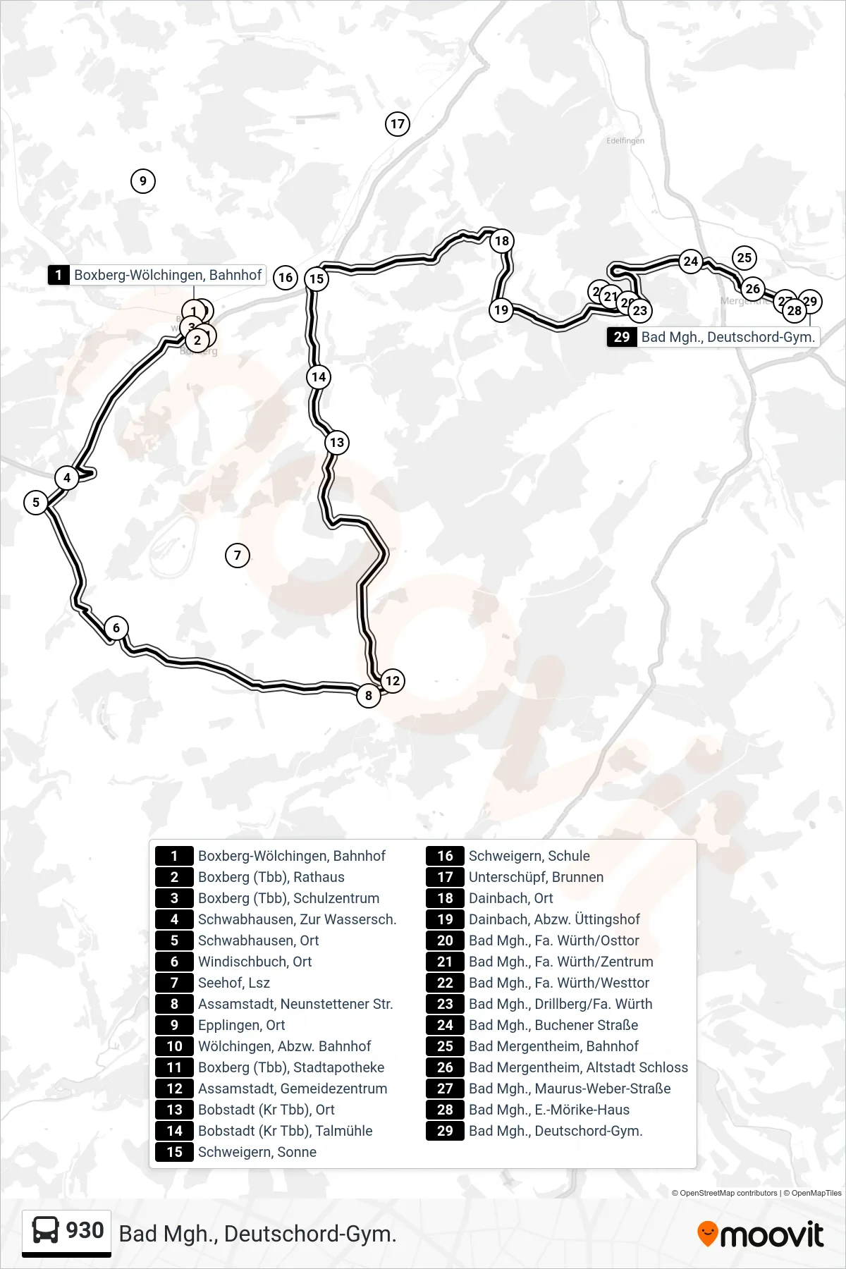 Linie 930 (Bus) Richtung Bad Mgh., Deutschord-Gym.: Route und Haltestellen auf der Karte