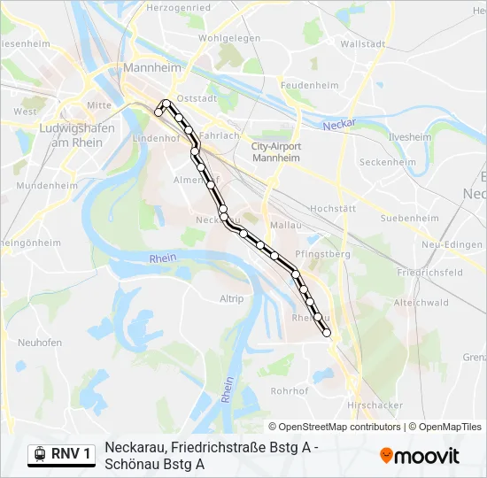 RNV 1 Light Rail Line Map