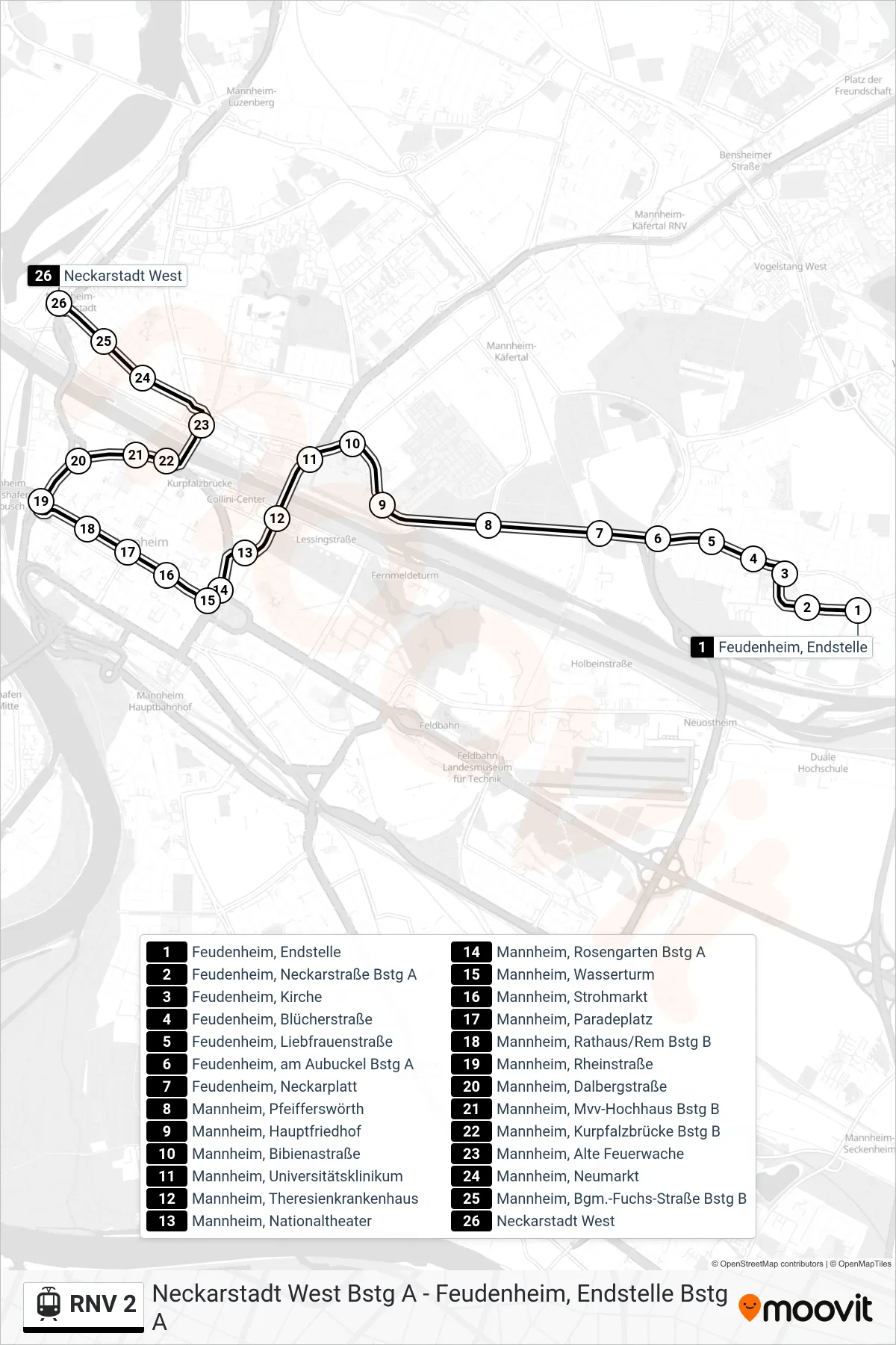 RNV 2 light rail Line (Neckarstadt West) route and stops on a map