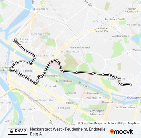 Трамвай RNV 2: карта маршрута