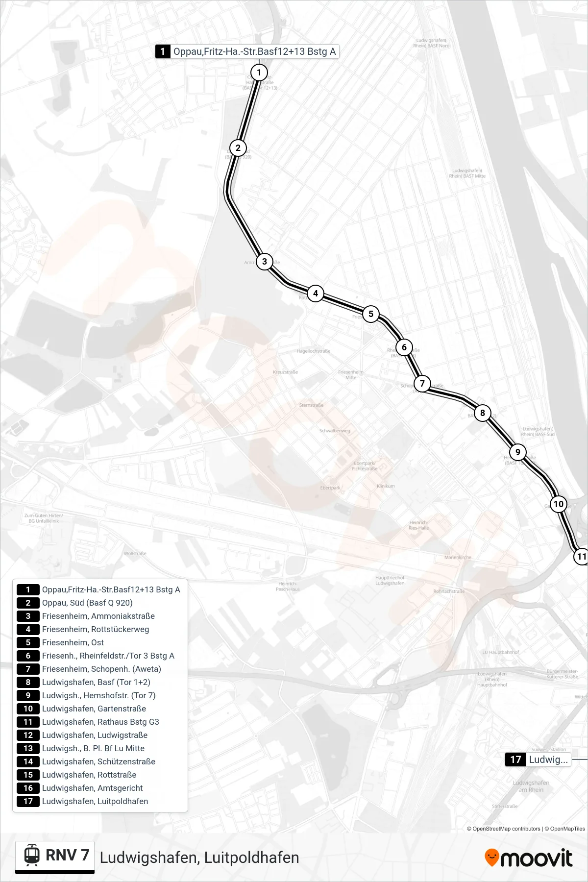 Linie RNV 7 (Straßenbahn) Richtung Ludwigshafen, Luitpoldhafen: Route und Haltestellen auf der Karte