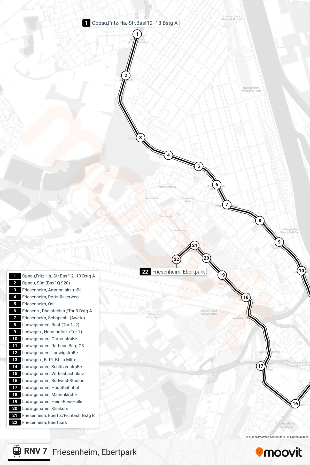 RNV 7 light rail Line (Friesenheim, Ebertpark) route and stops on a map