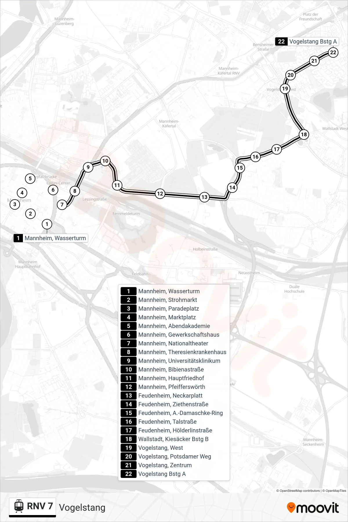 RNV 7 tram Line (Vogelstang) route and stops on a map