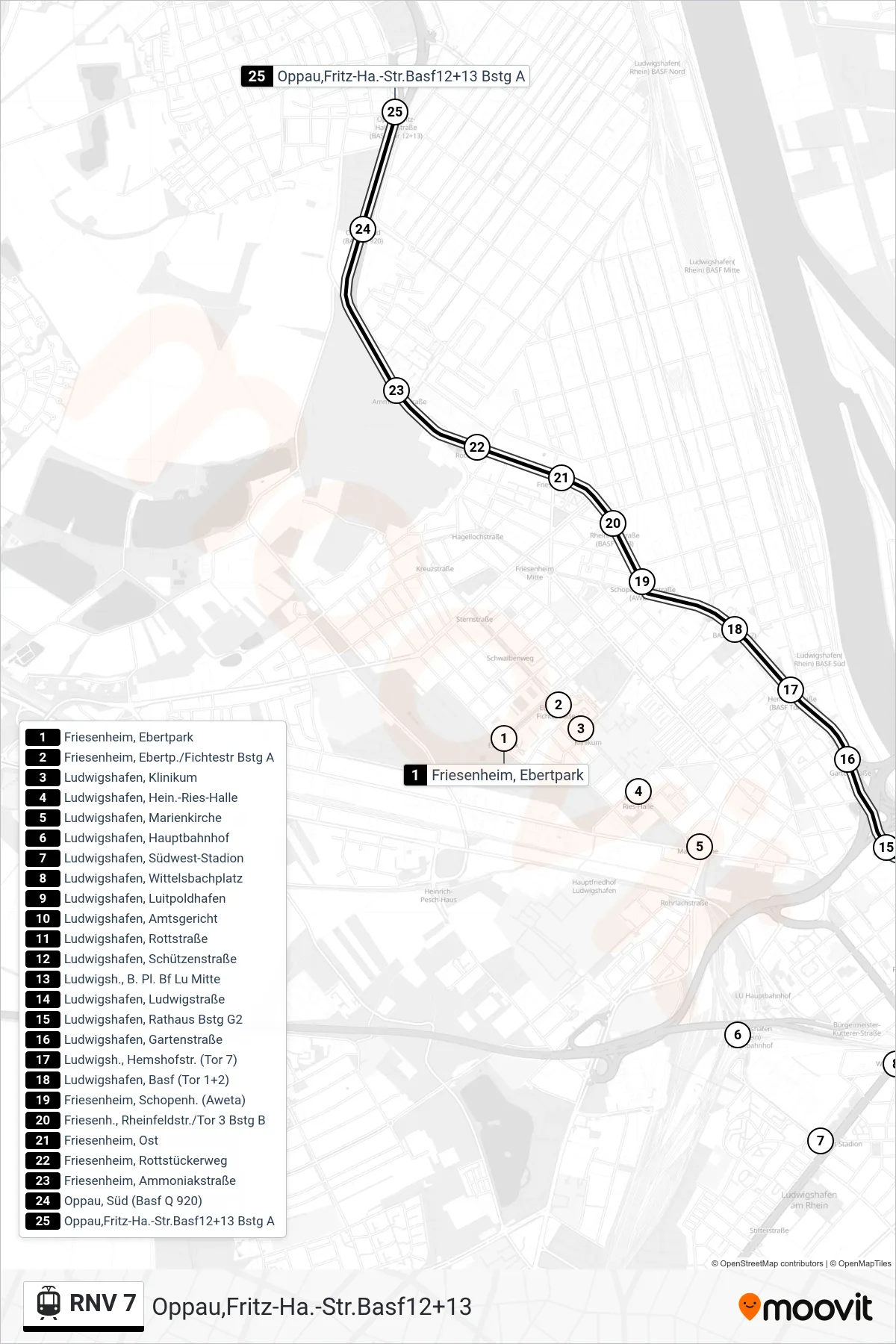 RNV 7 light rail Line (Oppau,Fritz-Ha.-Str.Basf12+13) route and stops on a map