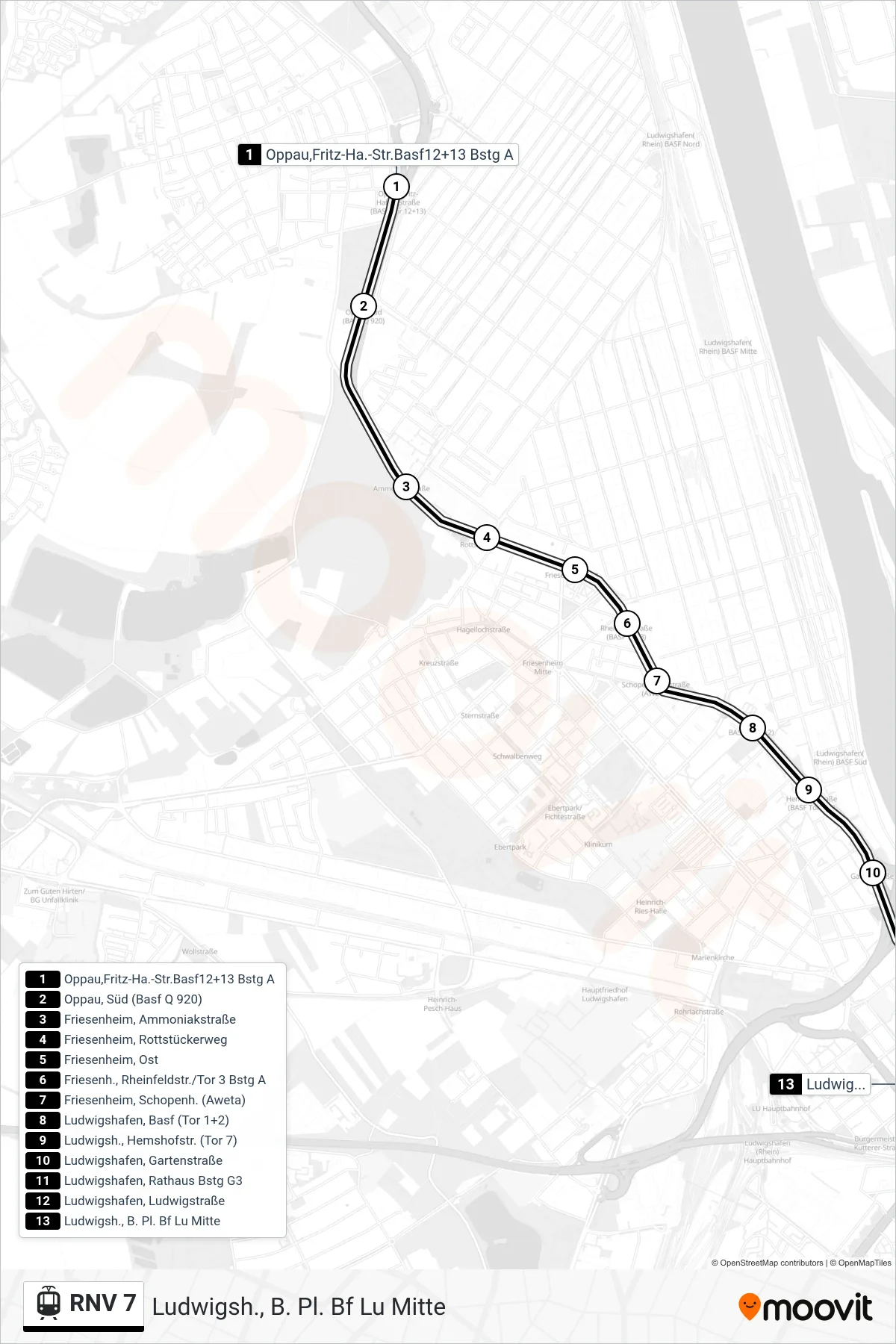 RNV 7 light rail Line (Ludwigsh., B. Pl. Bf Lu Mitte) route and stops on a map