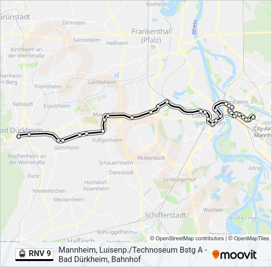 Трамвай RNV 9: карта маршрута