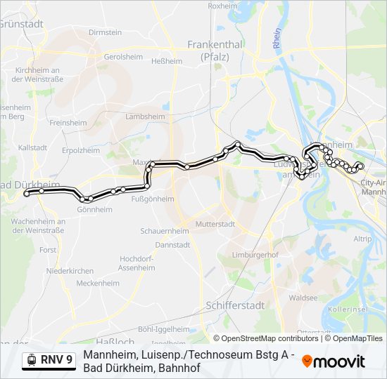 Трамвай RNV 9: карта маршрута