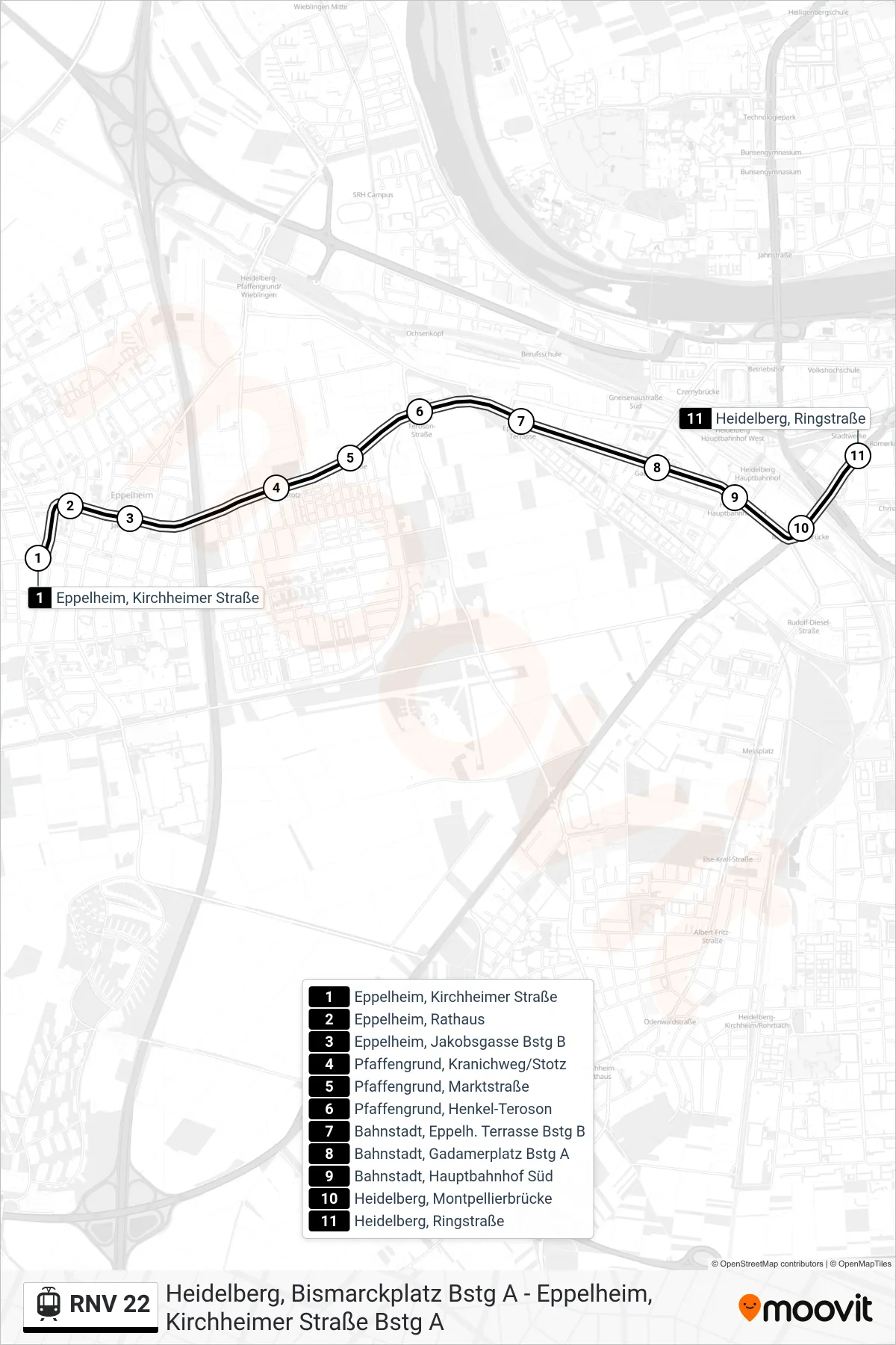 Linie RNV 22 (Straßenbahn) Richtung Heidelberg, Ringstraße: Route und Haltestellen auf der Karte