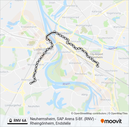 Трамвай RNV 6A: карта маршрута