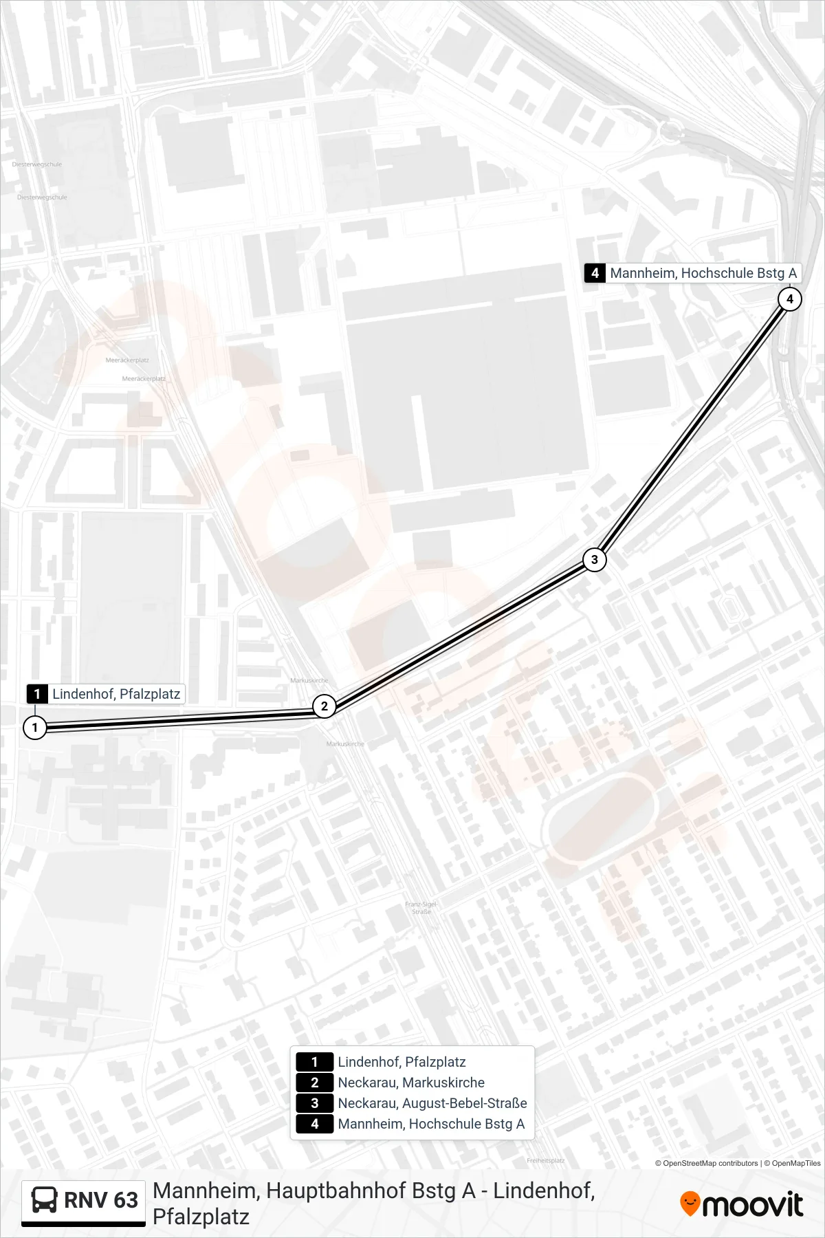 Linie RNV 63 (Bus) Richtung Mannheim, Hochschule: Route und Haltestellen auf der Karte
