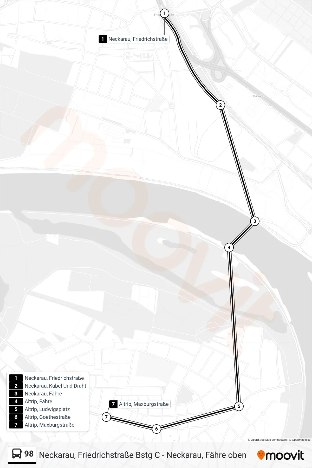 98 bus Line (Altrip, Maxburgstraße) route and stops on a map