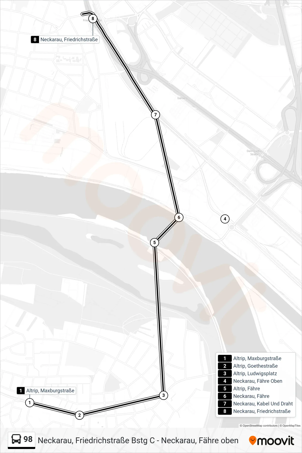 Linie 98 (Bus) Richtung Neckarau, Friedrichstraße: Route und Haltestellen auf der Karte