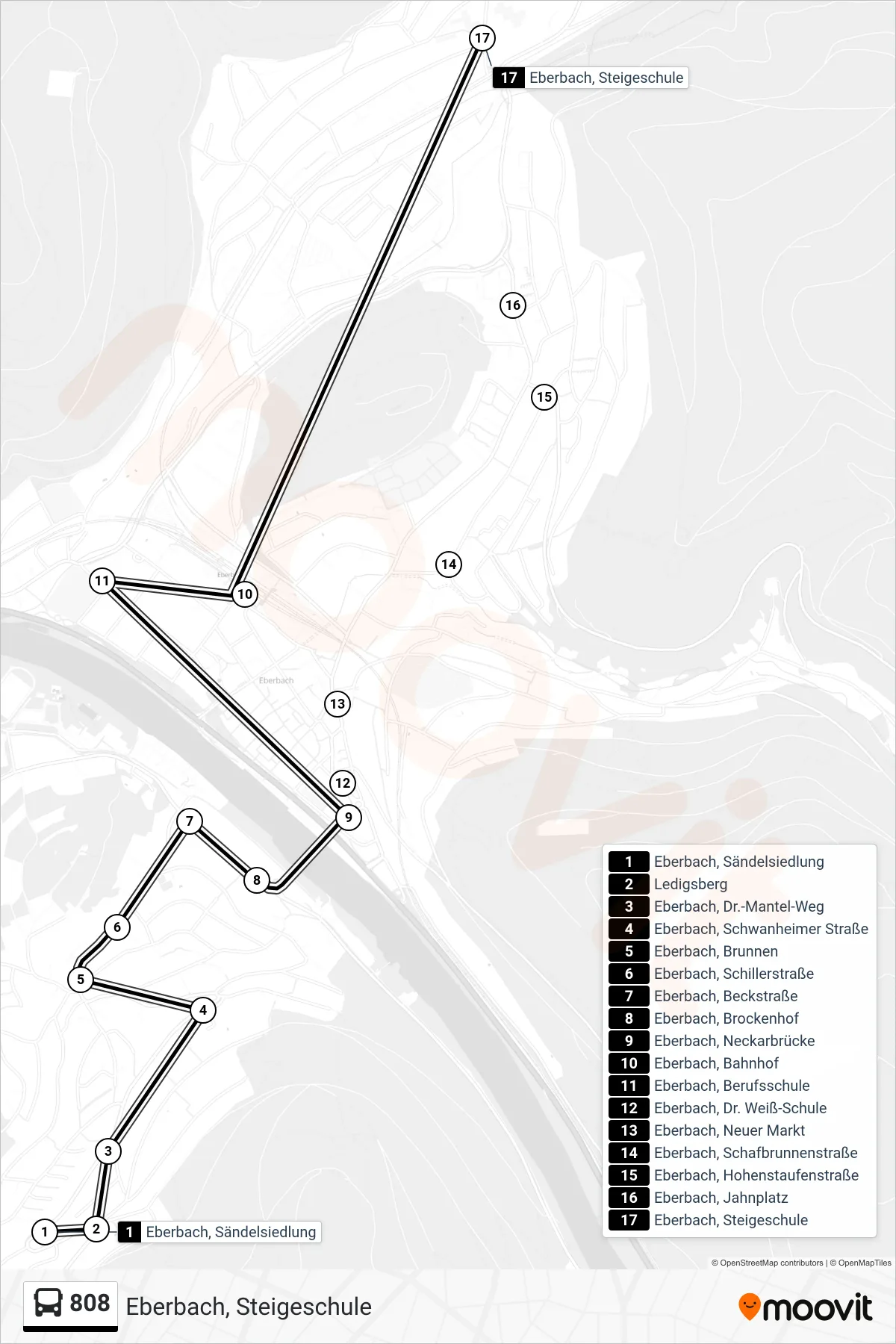 808 bus Line (Eberbach, Steigeschule) route and stops on a map