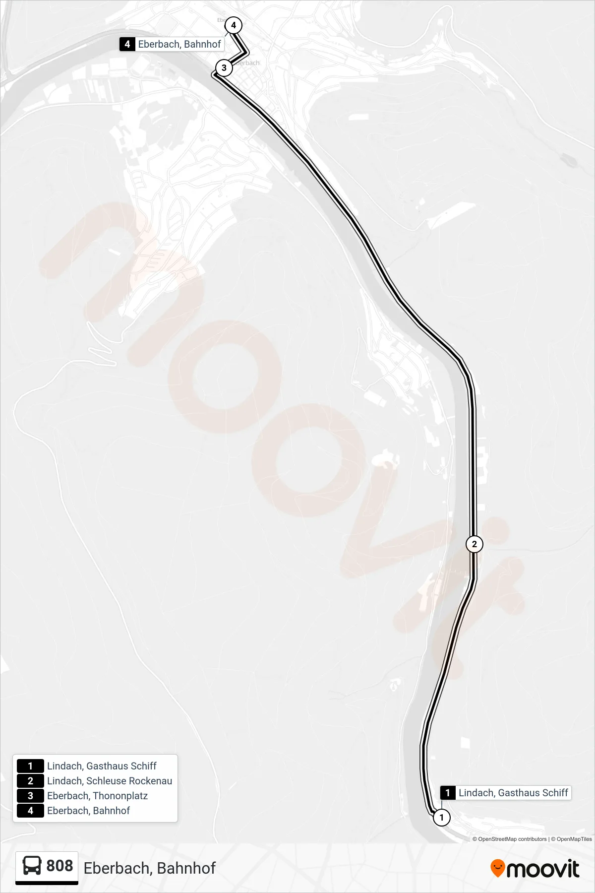 808 bus Line (Eberbach, Bahnhof) route and stops on a map