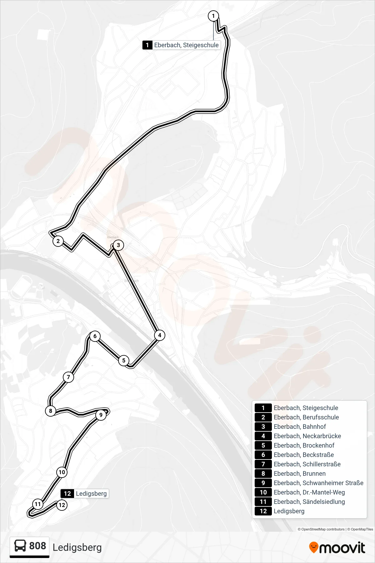 808 bus Line (Ledigsberg) route and stops on a map
