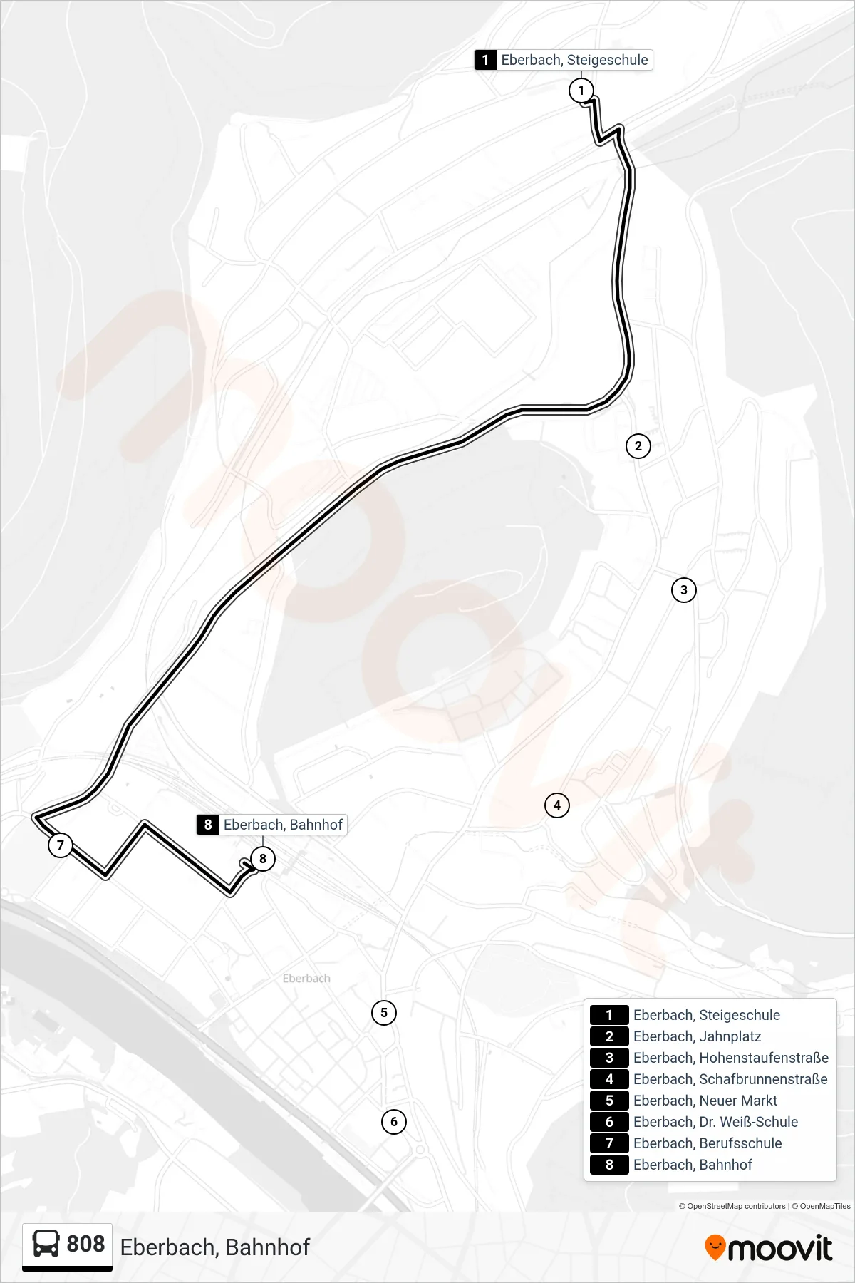808 bus Line (Eberbach, Bahnhof) route and stops on a map