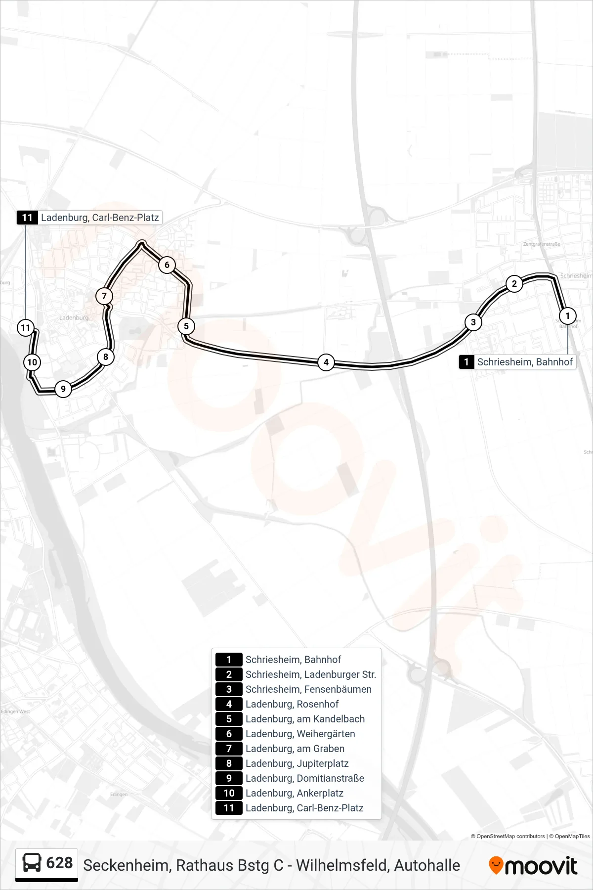 Linie 628 (Bus) Richtung Ladenburg, Carl-Benz-Platz: Route und Haltestellen auf der Karte