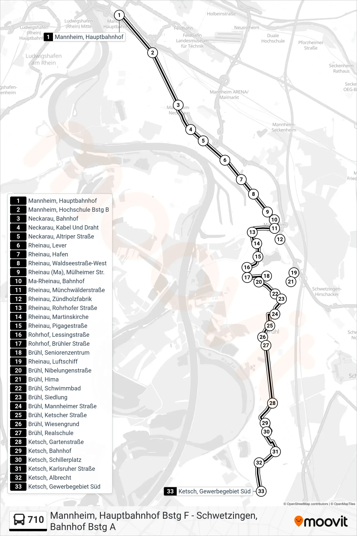 710 bus Line (Ketsch, Gewerbegebiet Süd) route and stops on a map