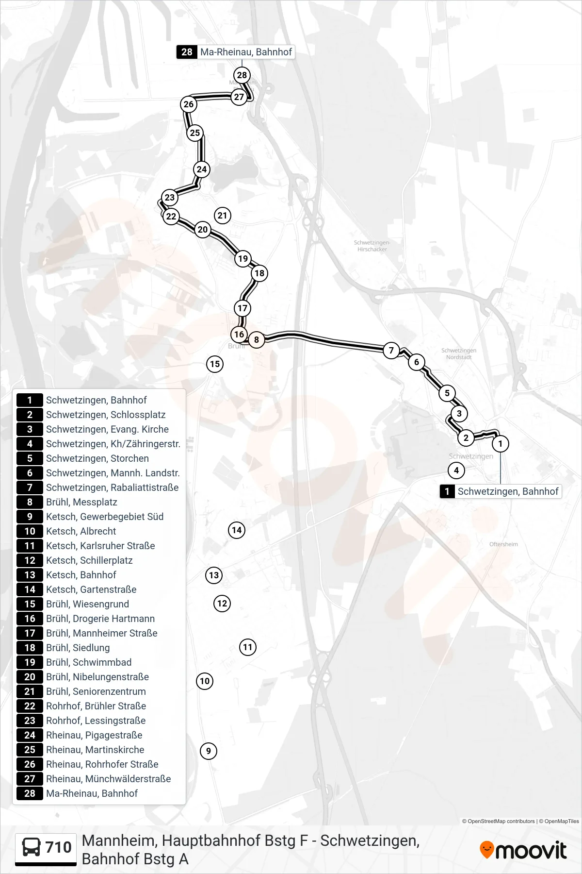 710 bus Line (Ma-Rheinau, Bahnhof) route and stops on a map