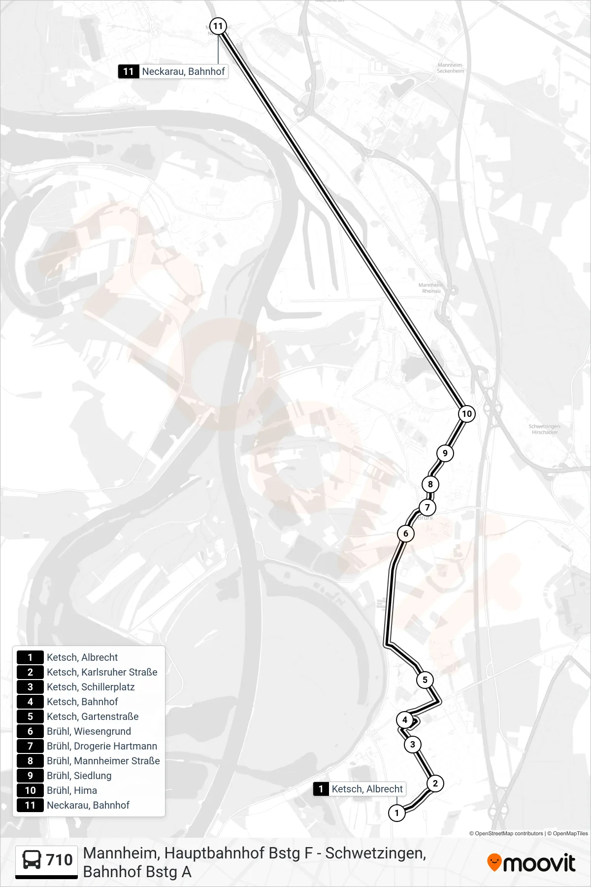 710 bus Line (Neckarau, Bahnhof) route and stops on a map