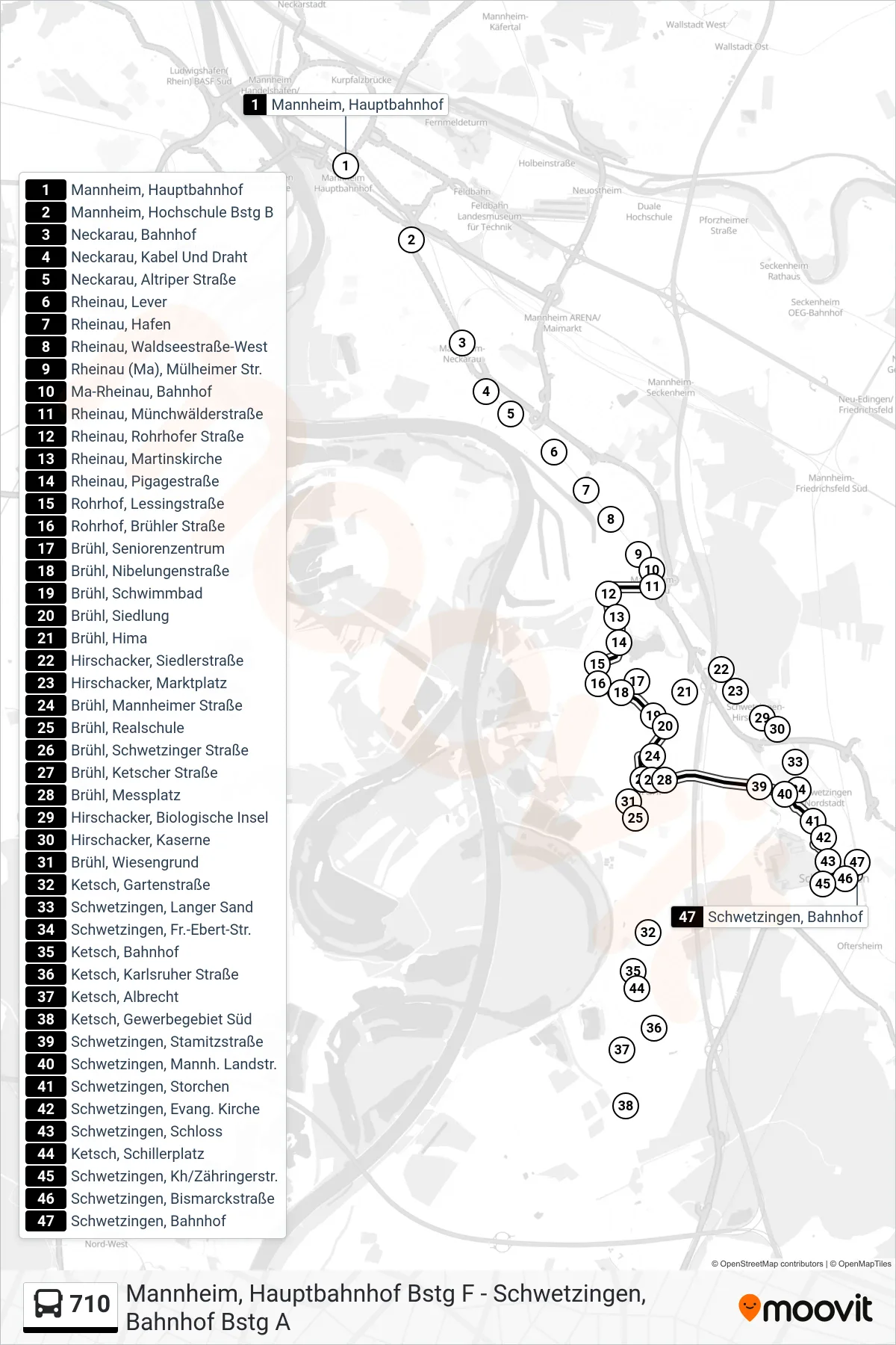 710 bus Line (Schwetzingen, Bahnhof) route and stops on a map