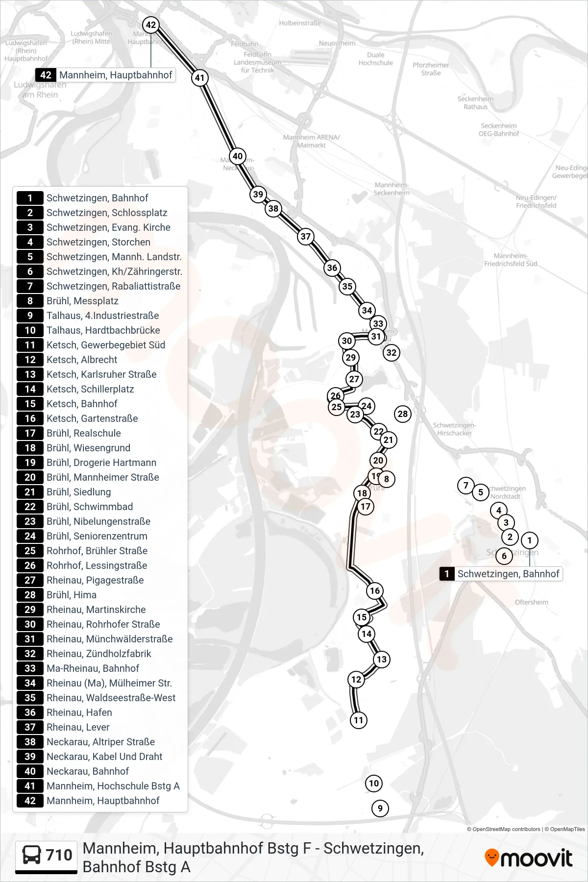 710 bus Line (Mannheim, Hauptbahnhof) route and stops on a map