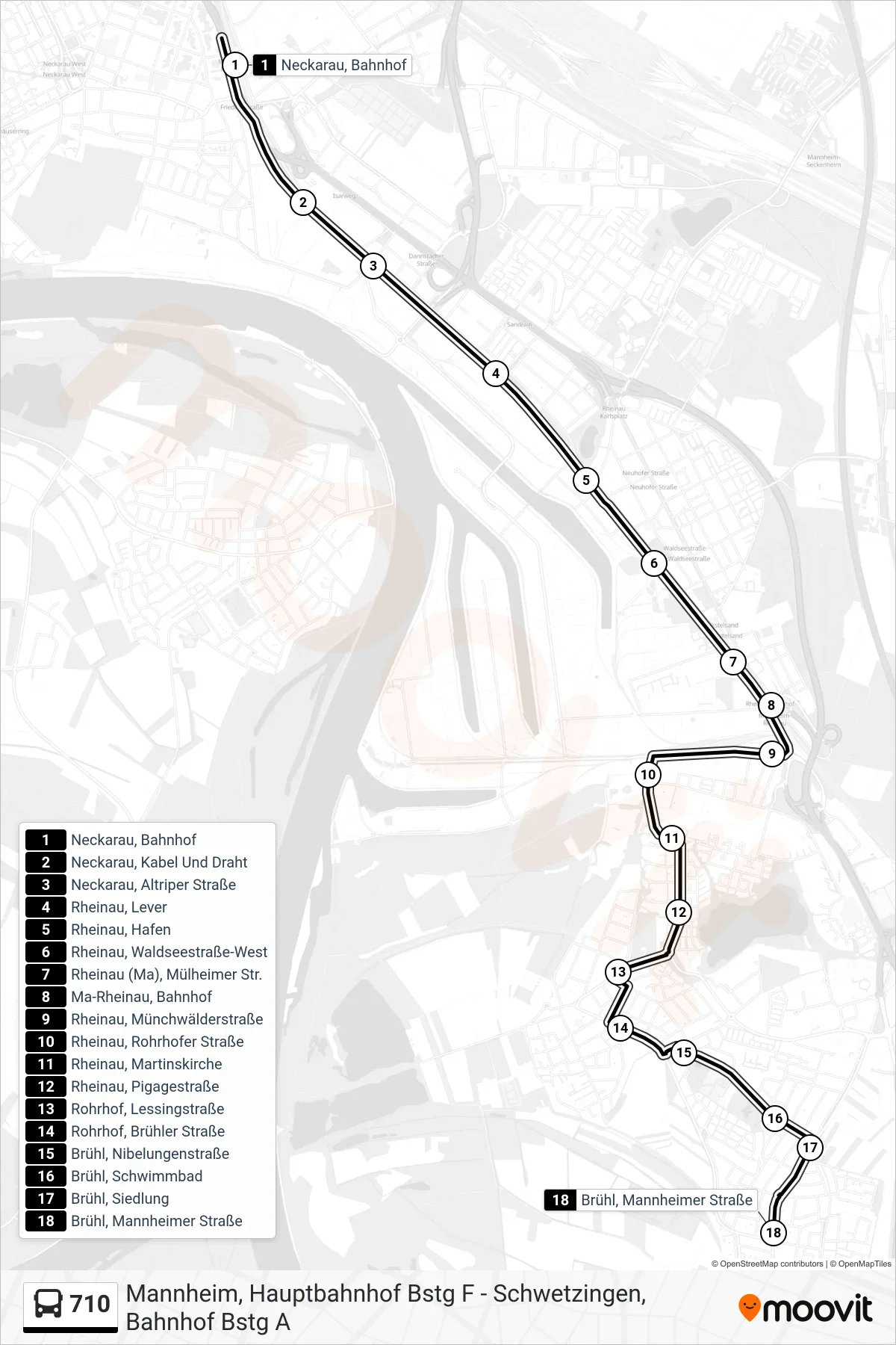 710 bus Line (Brühl, Mannheimer Straße) route and stops on a map