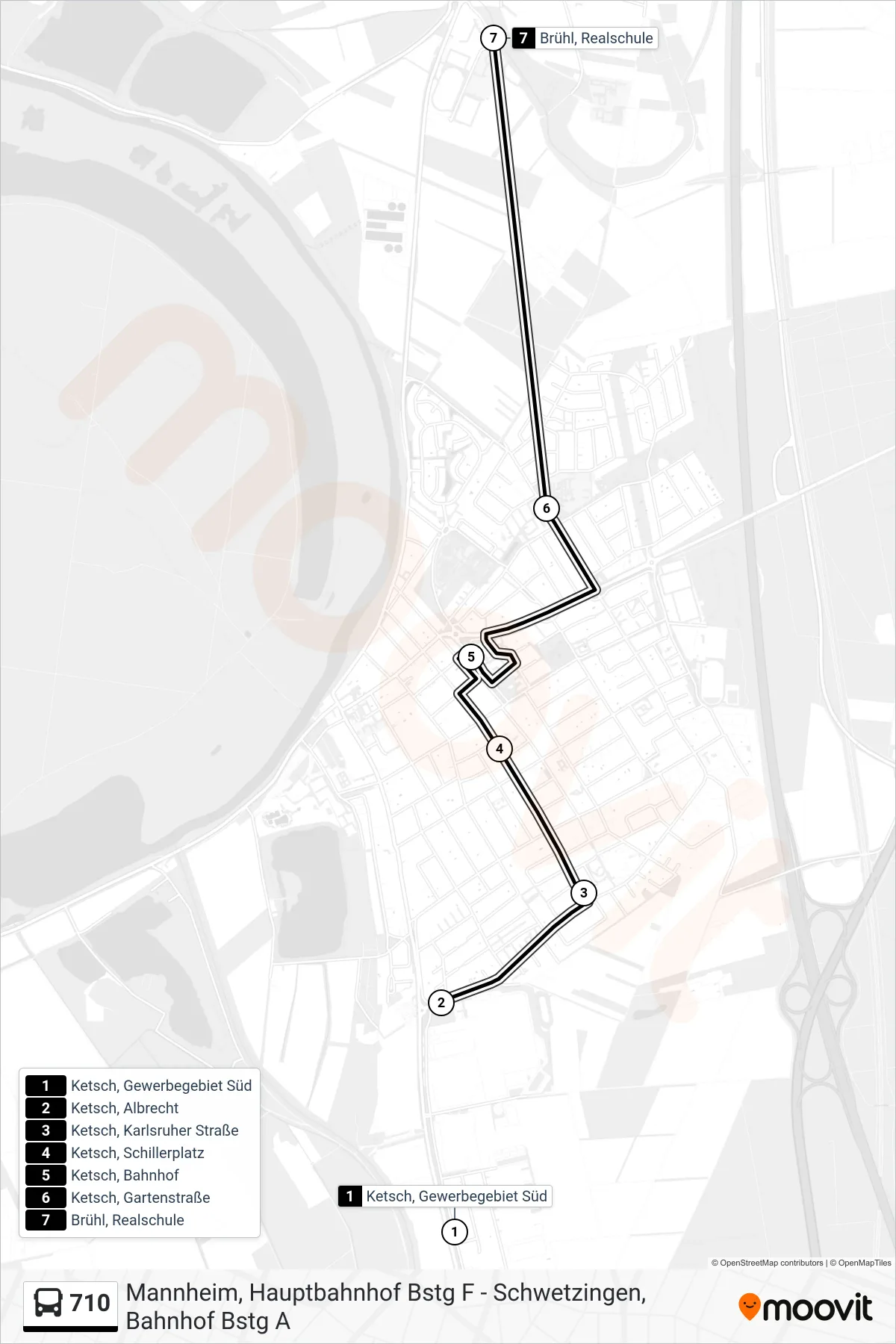 710 bus Line (Brühl, Realschule) route and stops on a map