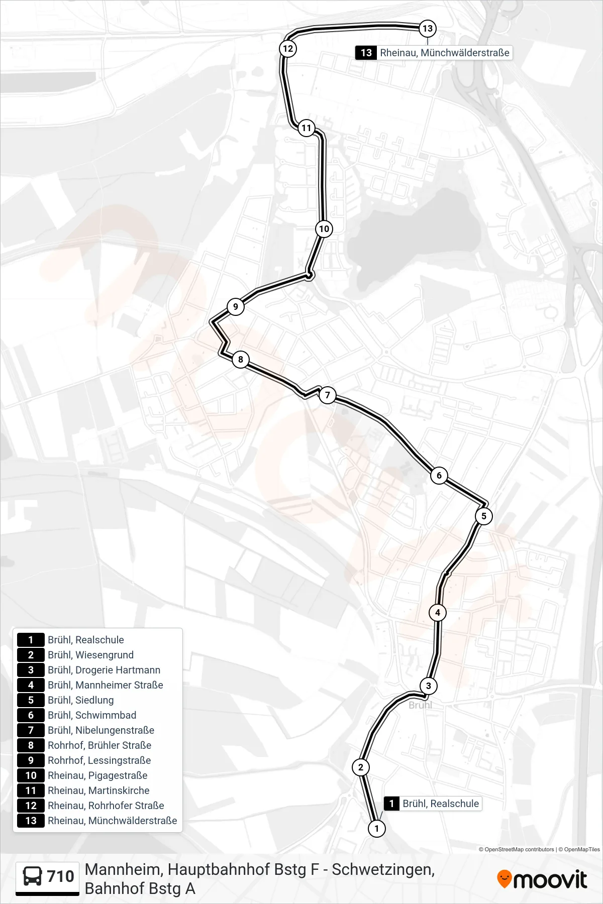 710 bus Line (Rheinau, Münchwälderstraße) route and stops on a map