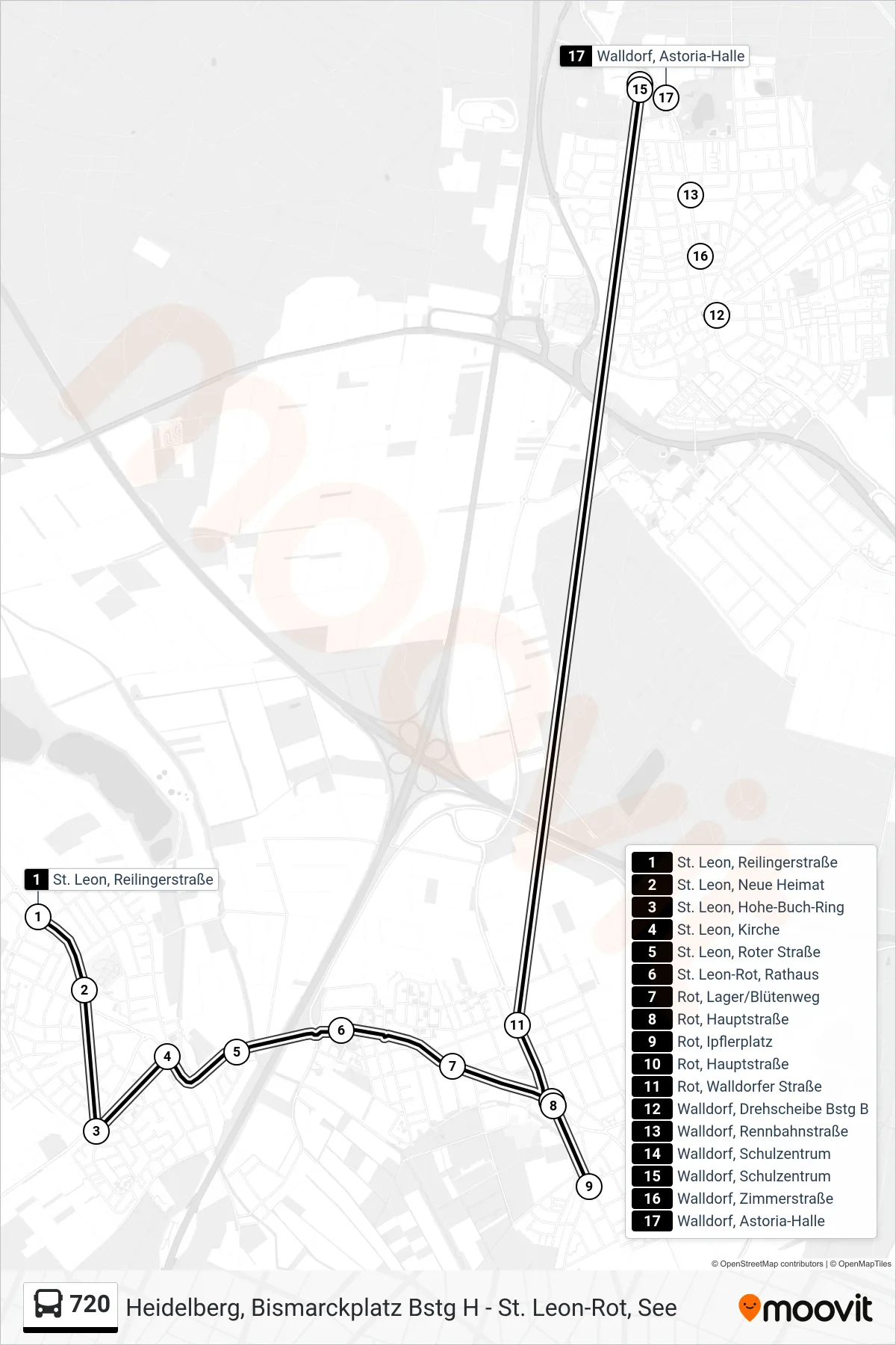 720 bus Line (Walldorf, Schulzentrum) route and stops on a map