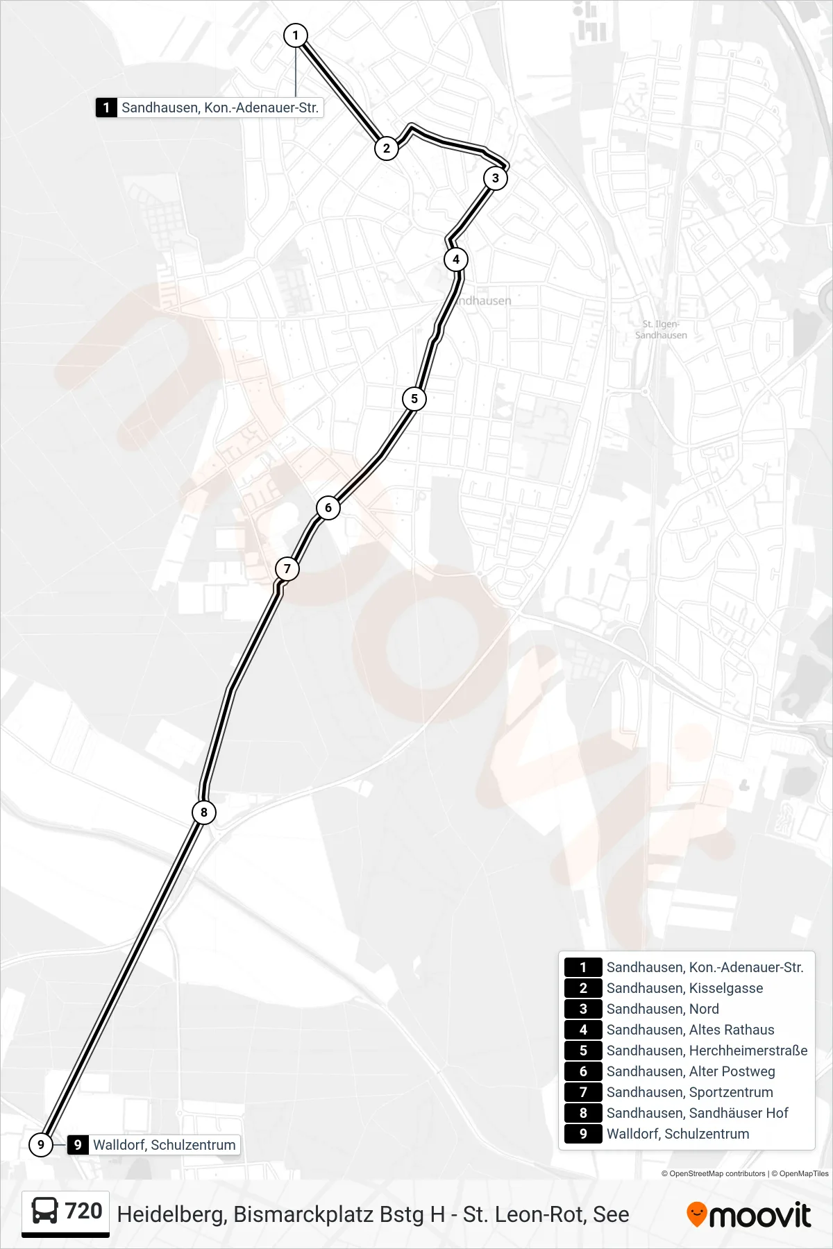720 bus Line (Walldorf, Schulzentrum) route and stops on a map