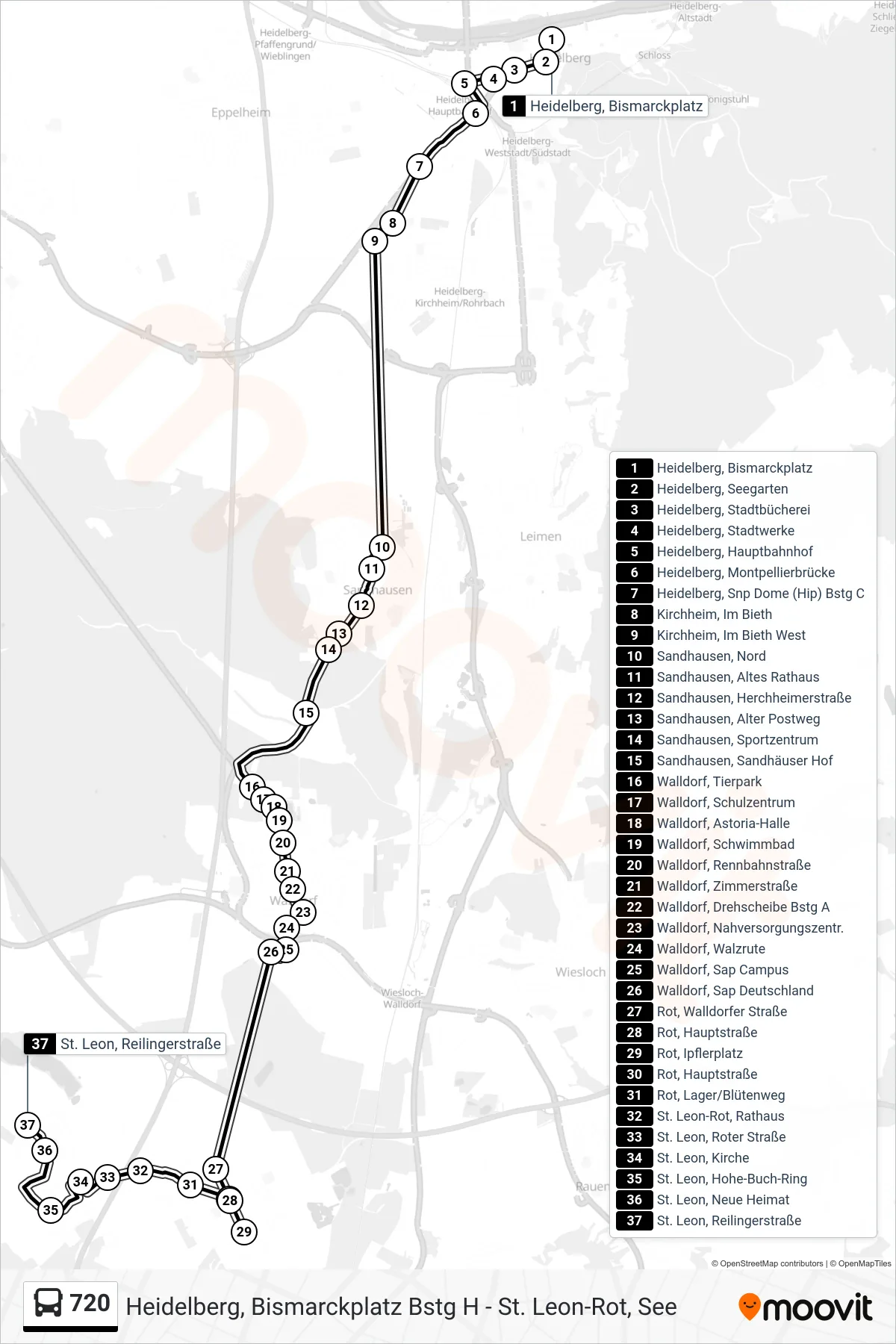 720 bus Line (St. Leon, Reilingerstraße) route and stops on a map
