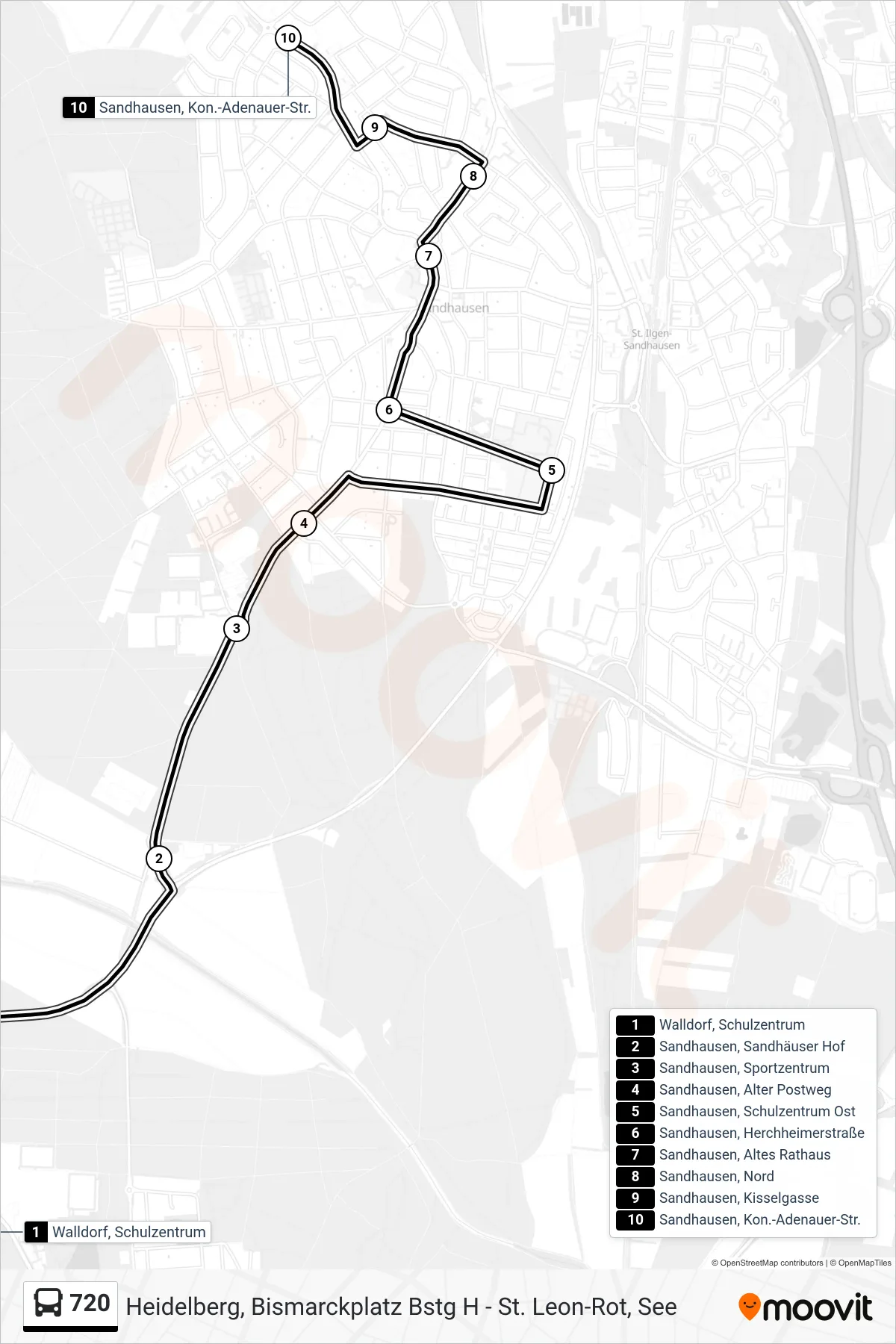 Linie 720 (Bus) Richtung Sandhausen, Kon.-Adenauer-Str.: Route und Haltestellen auf der Karte