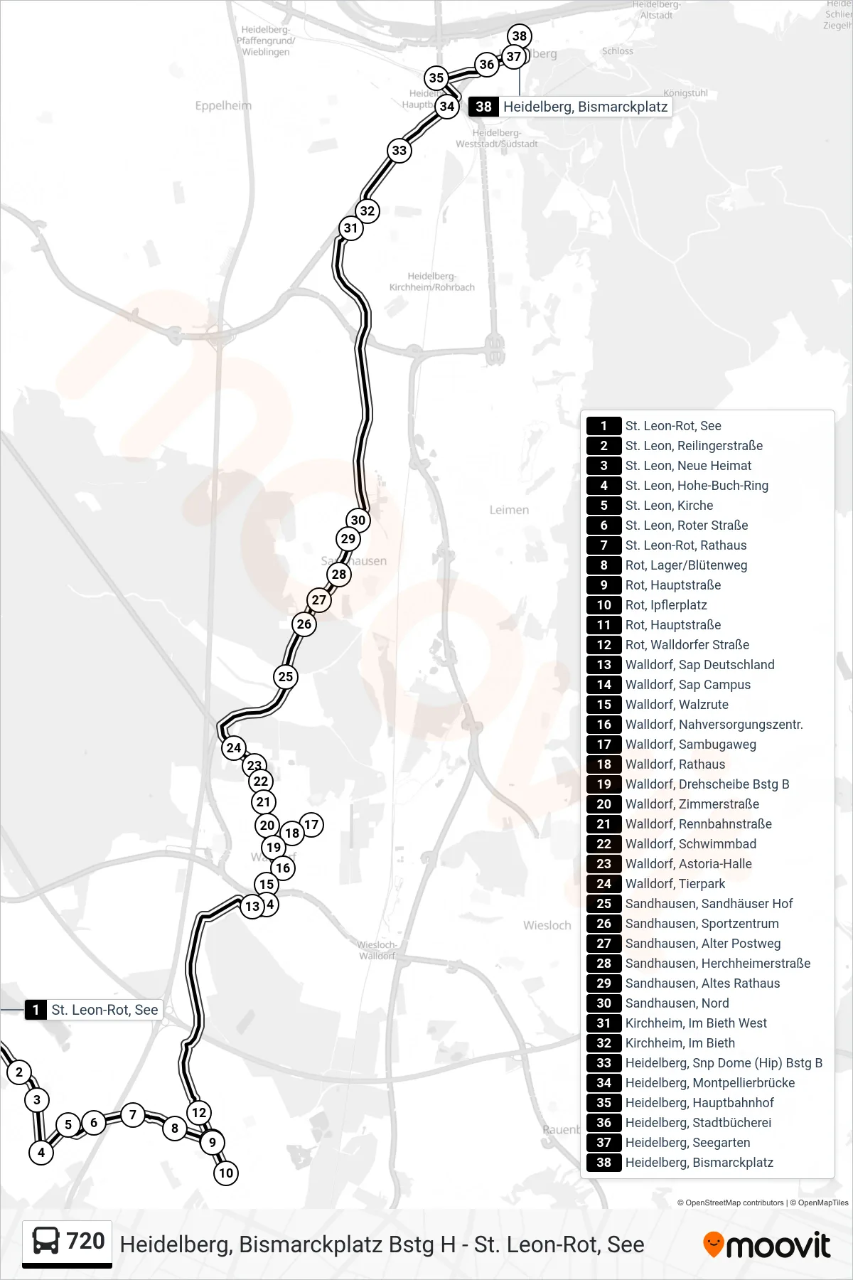 720 bus Line (Heidelberg, Bismarckplatz) route and stops on a map