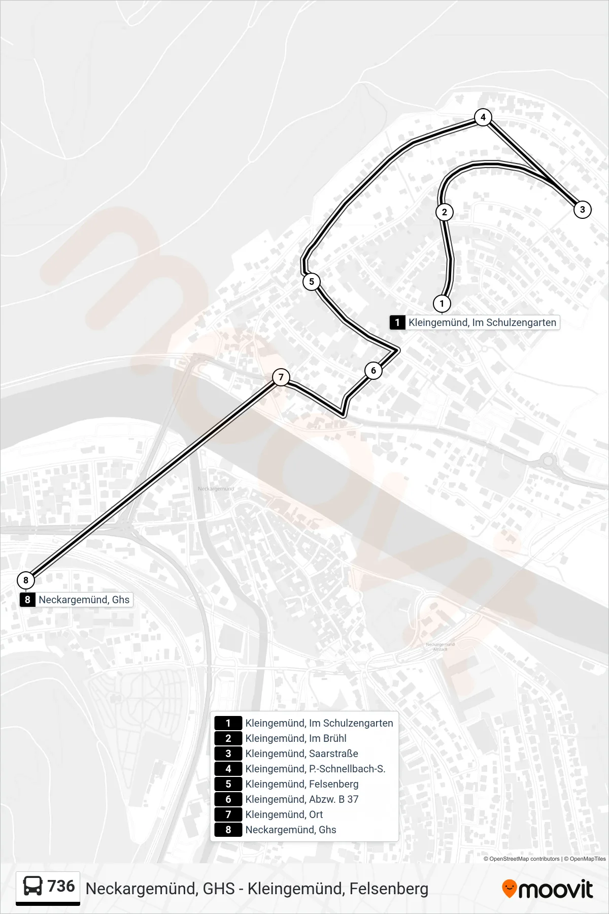 736 bus Line (Neckargemünd, Ghs) route and stops on a map