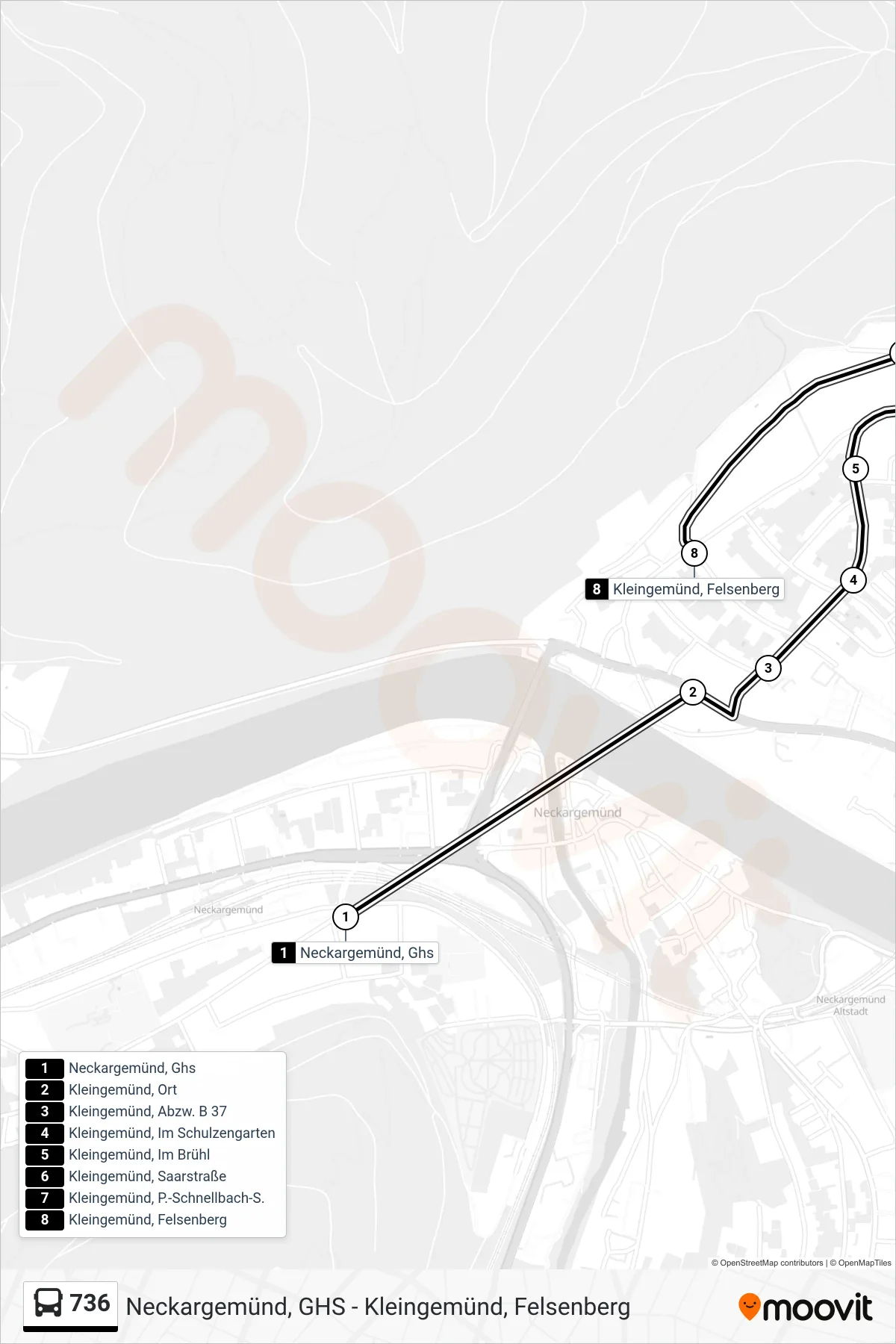Linie 736 (Bus) Richtung Kleingemünd, Felsenberg: Route und Haltestellen auf der Karte
