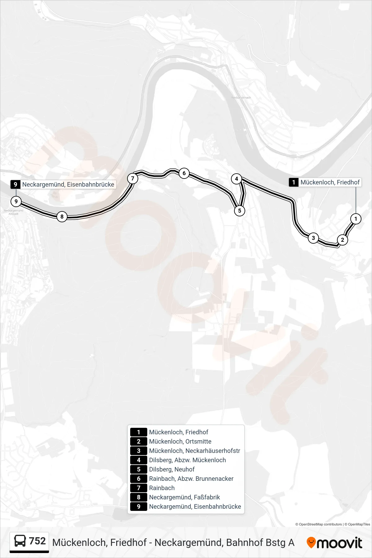 752 bus Line (Neckargemünd, Eisenbahnbrücke) route and stops on a map