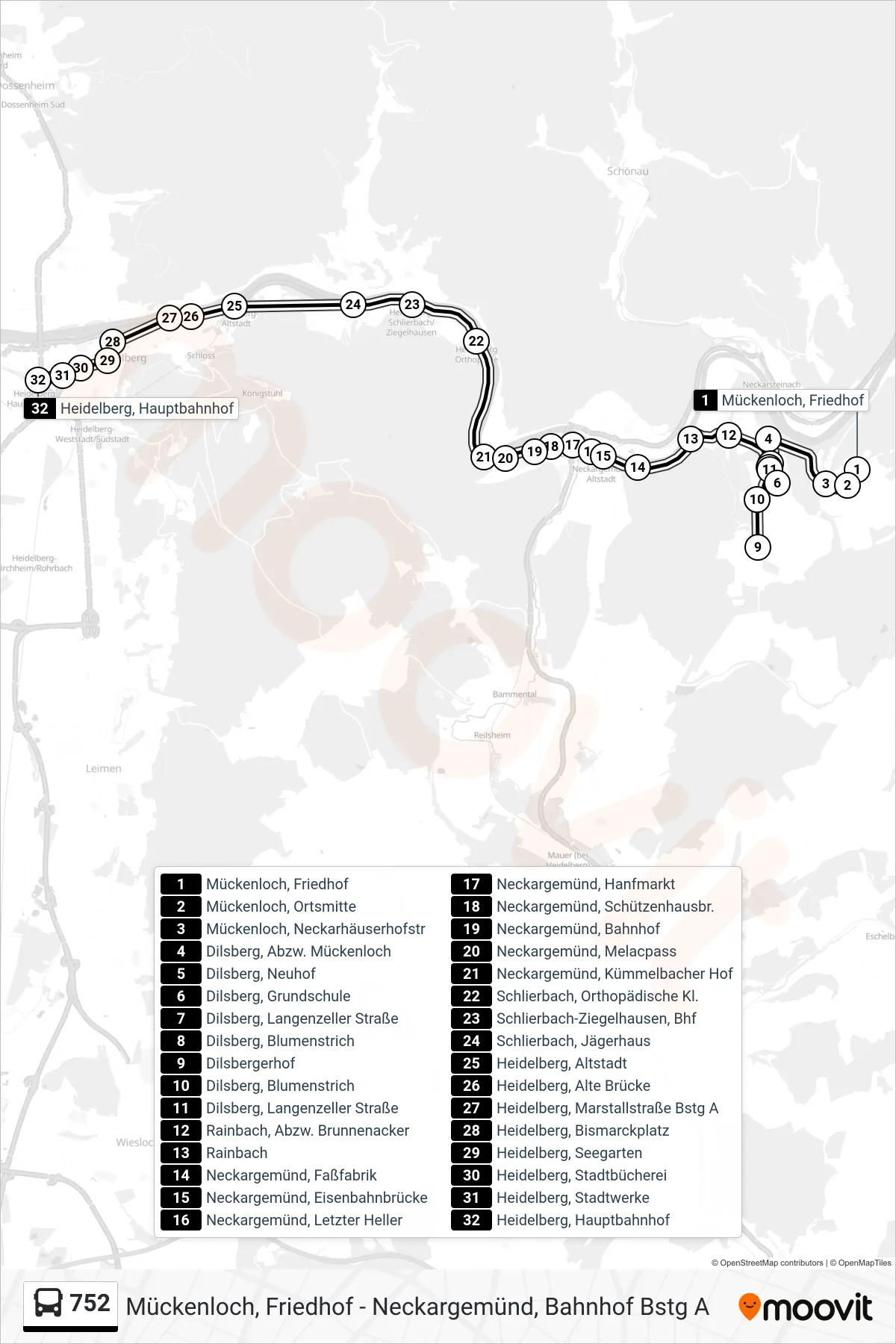 752 bus Line (Heidelberg, Hauptbahnhof) route and stops on a map