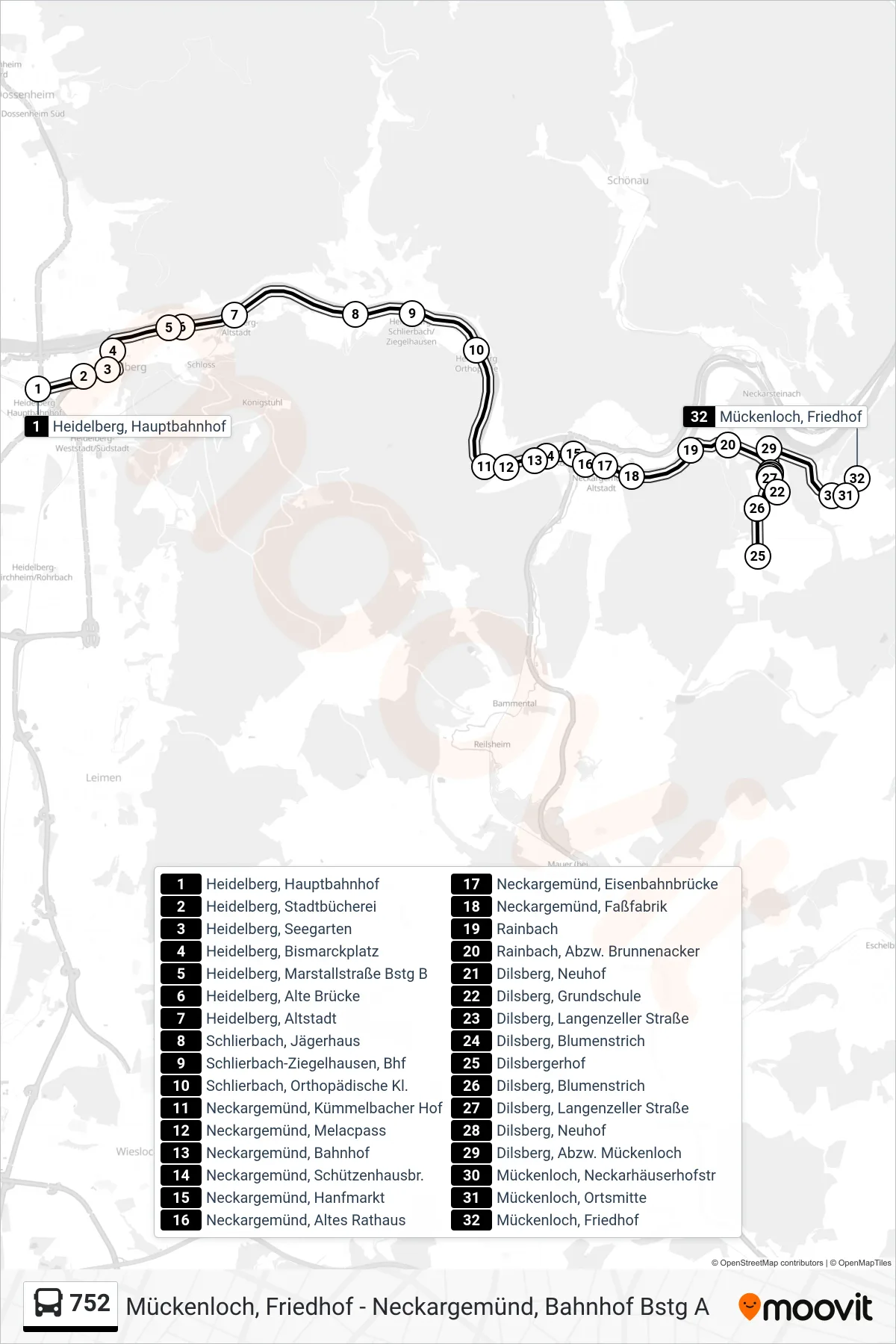 752 bus Line (Mückenloch, Friedhof) route and stops on a map