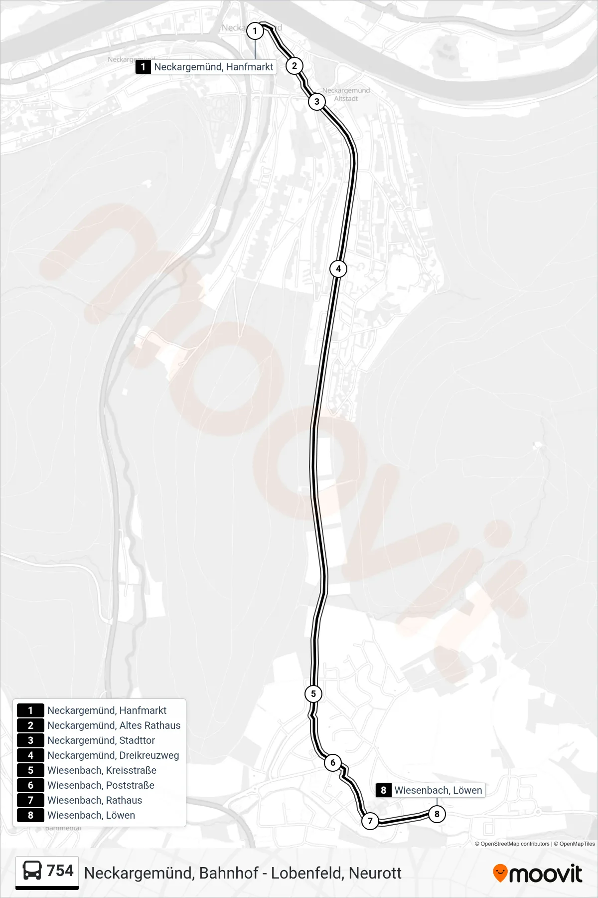 754 bus Line (Wiesenbach, Löwen) route and stops on a map